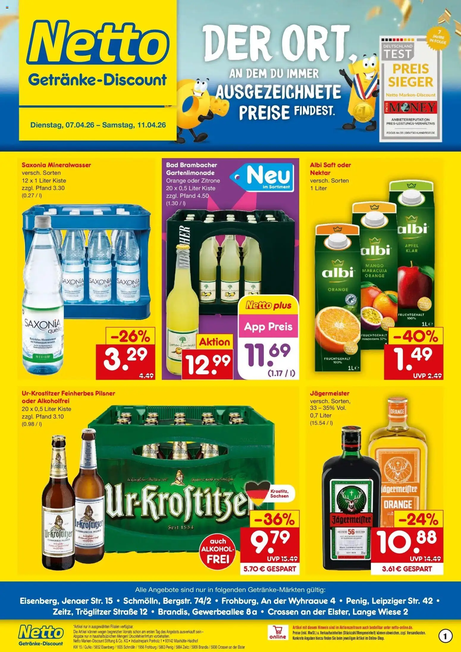 Netto Marken-Discount Prospekt Penig	 – gültig ab 07.04.2026 | Seite: 1 | Produkte: Bad, Äpfel, Zitrone, Saft