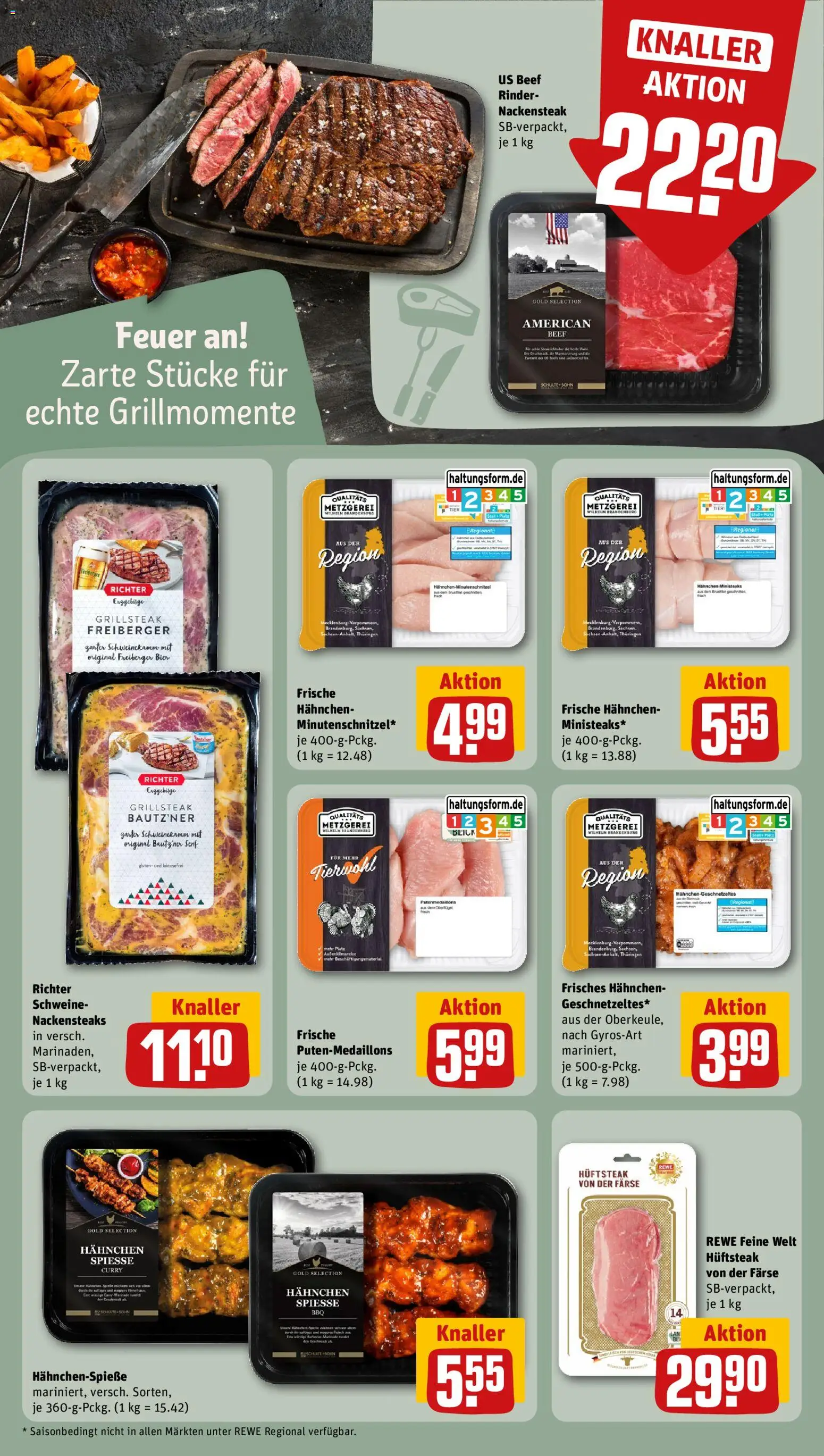 Rewe Prospekt 	 – gültig ab 20.04.2026 | Seite: 19 | Produkte: Nackensteaks, Hahnchen, Bier, Spieße
