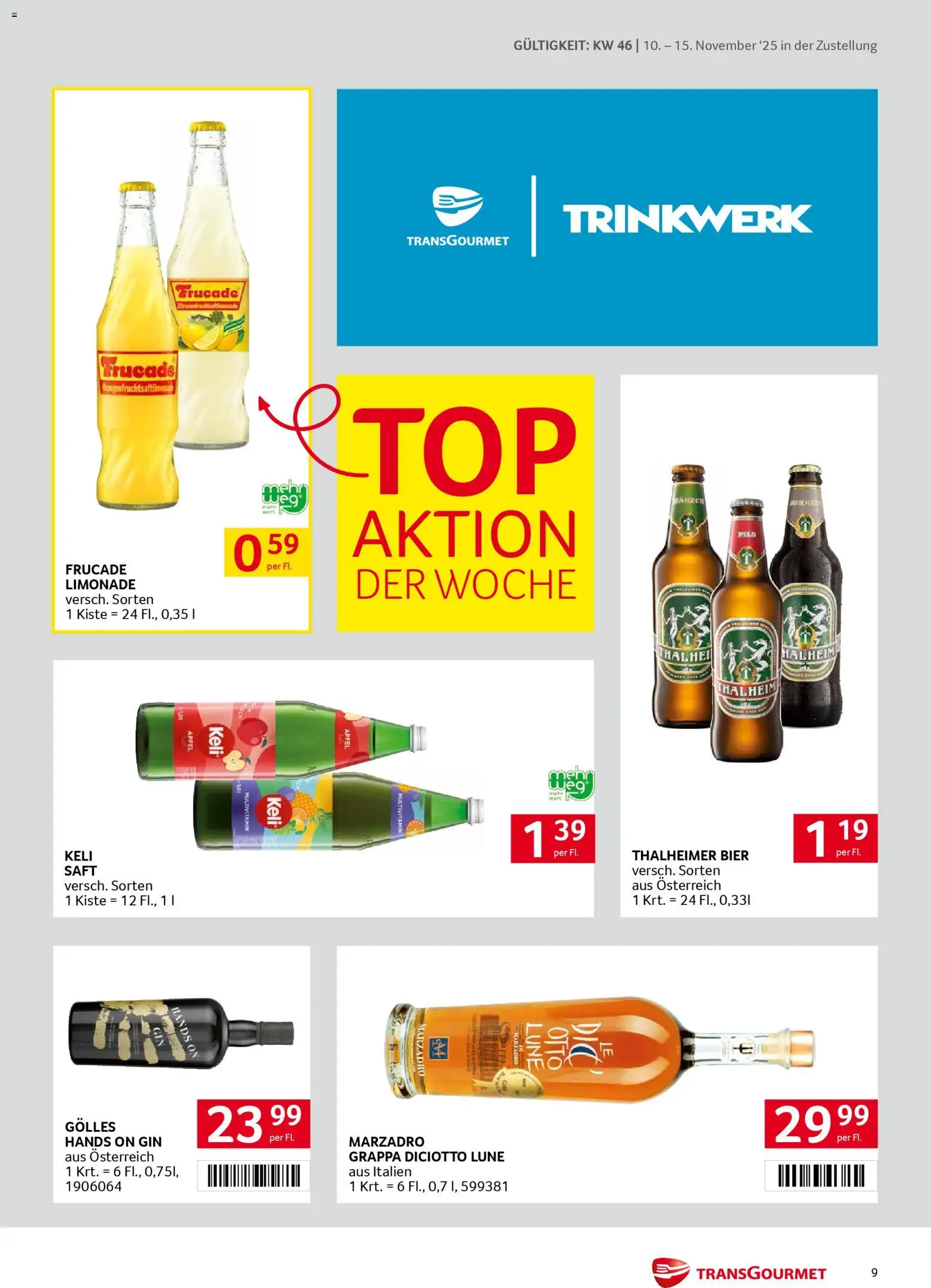 Transgourmet Zustellaktion gültig ab 10.11.2025 | Seite: 9 | Produkte: Gin, Saft, Äpfel, Papier blanc