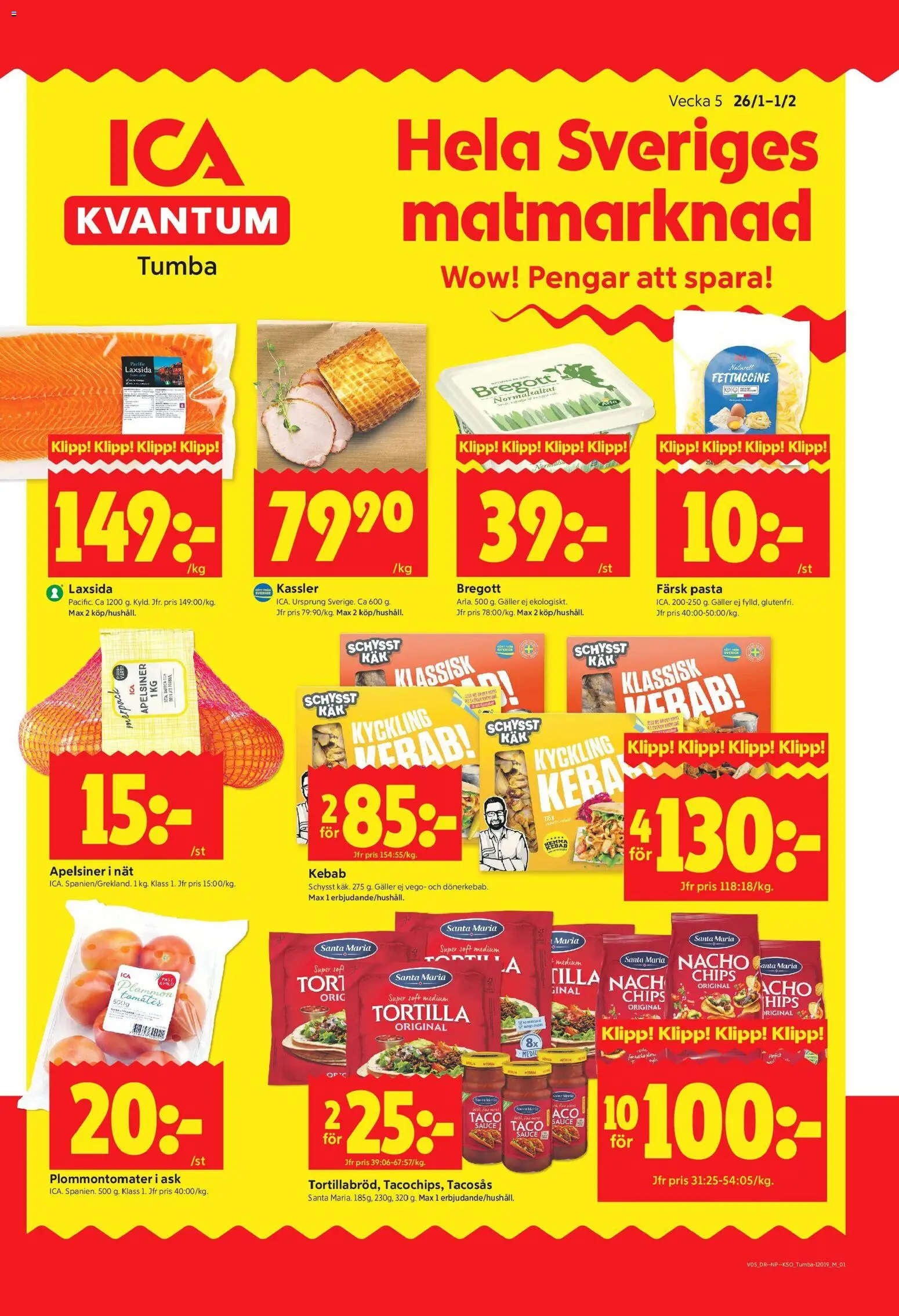 ICA Kvantum reklamblad aktuell från 26.01.2026 | Sida: 1 | Produkter: Tortilla, Tacosås, Fanta, Apelsiner