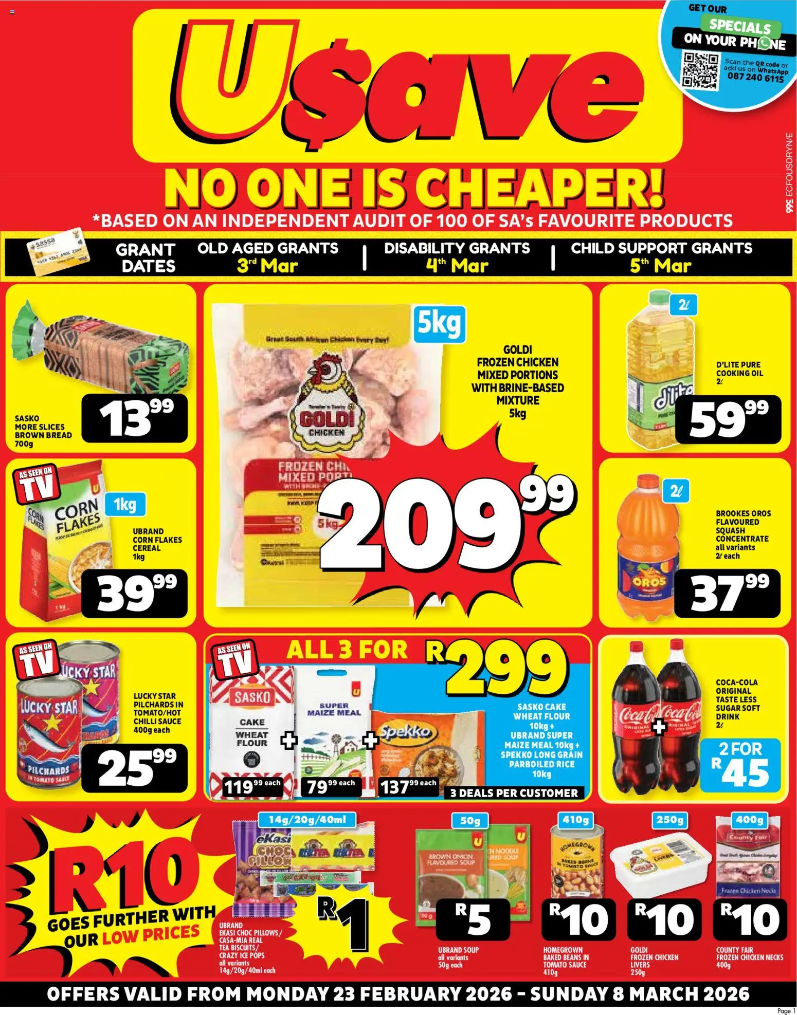 New Usave catalogue – valid from 23.02.2026 | Page: 1 | Products: Soup, Flakes, Sugar, Chilli