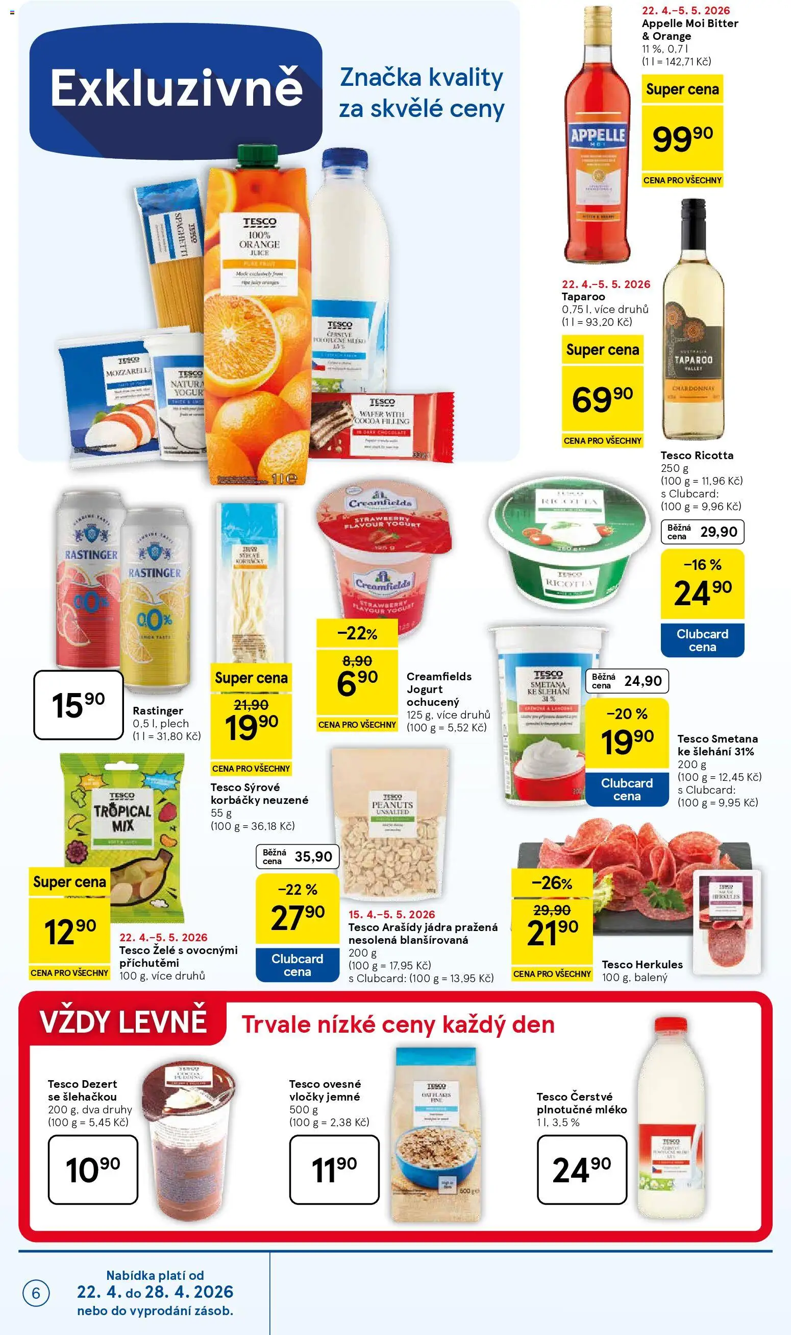 Tesco leták - Supermarket od 22.04.2026 | Strana: 6 | Produkty: Mléko, Plnotučné mléko, Vločky, Plech