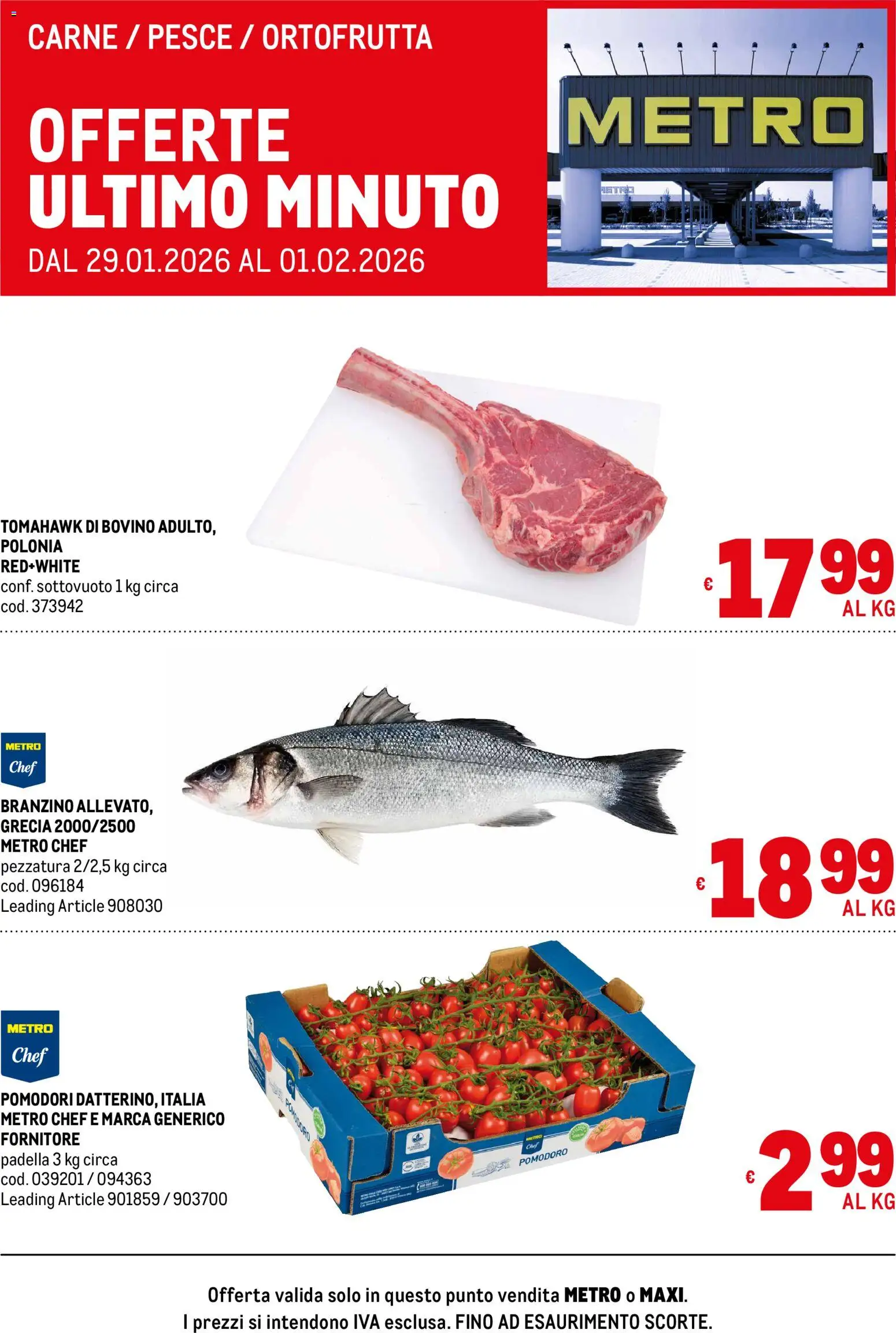 Volantino Metro del 29.01.2026 | Pagina: 1 | Prodotti: Bovino, Pesce, Branzino, Pomodoro