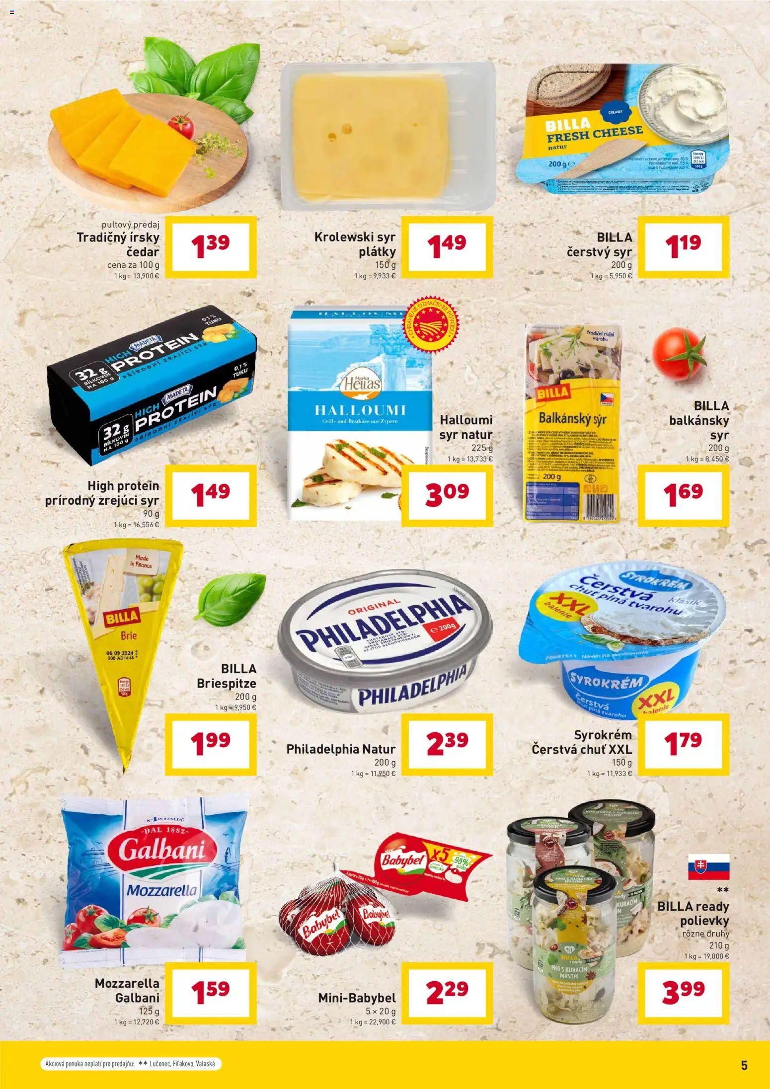 Nové Billa akcie – leták je platný od 07.04.2026 | Strana: 5 | Produkty: Syr, Mozzarella, Protein, Balkánsky syr