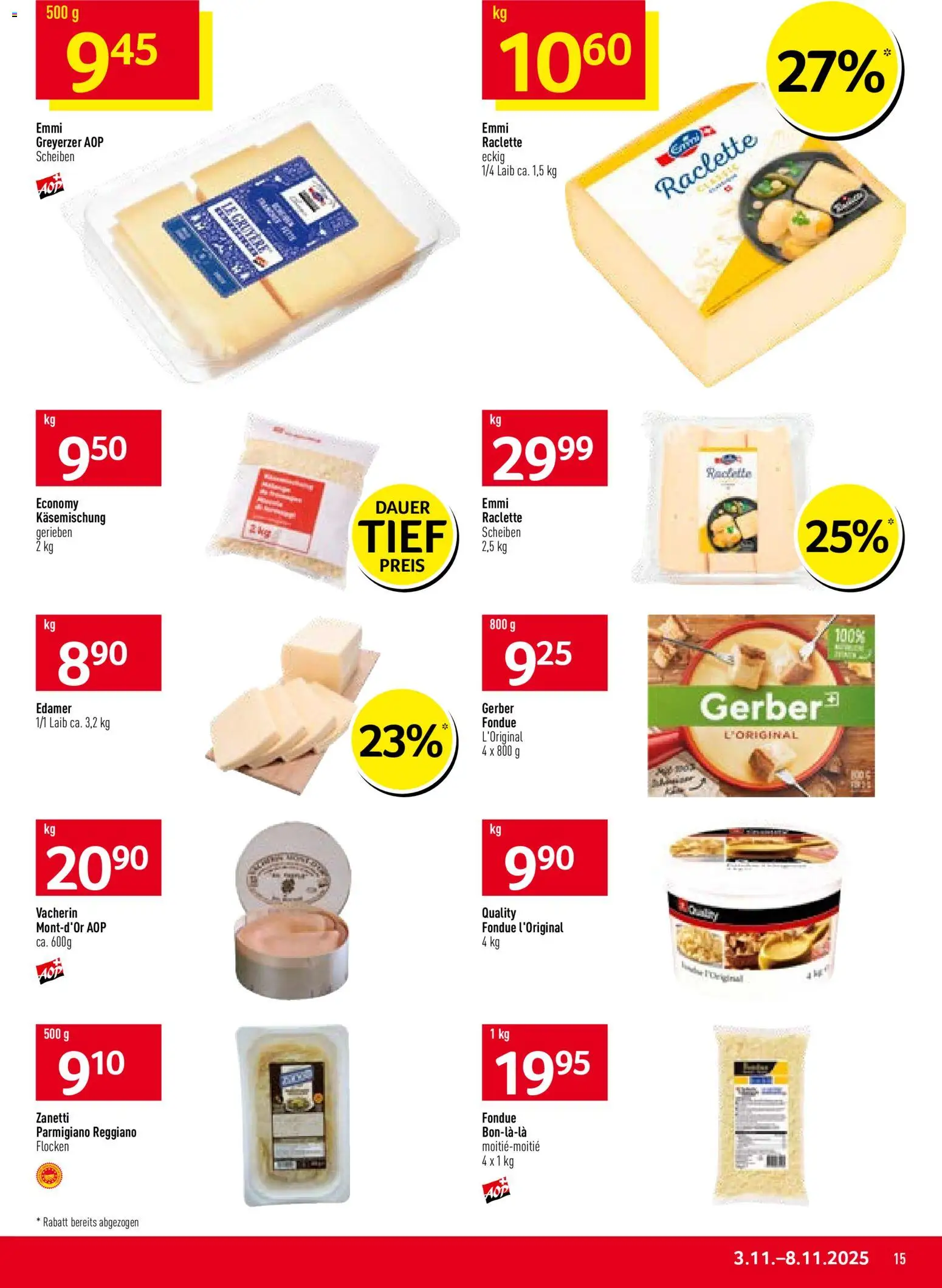 Prodega Aktionen – gültig ab 03.11.2025 | Seite: 15 | Produkte: Edamer, Flocken, Raclette, Fondue