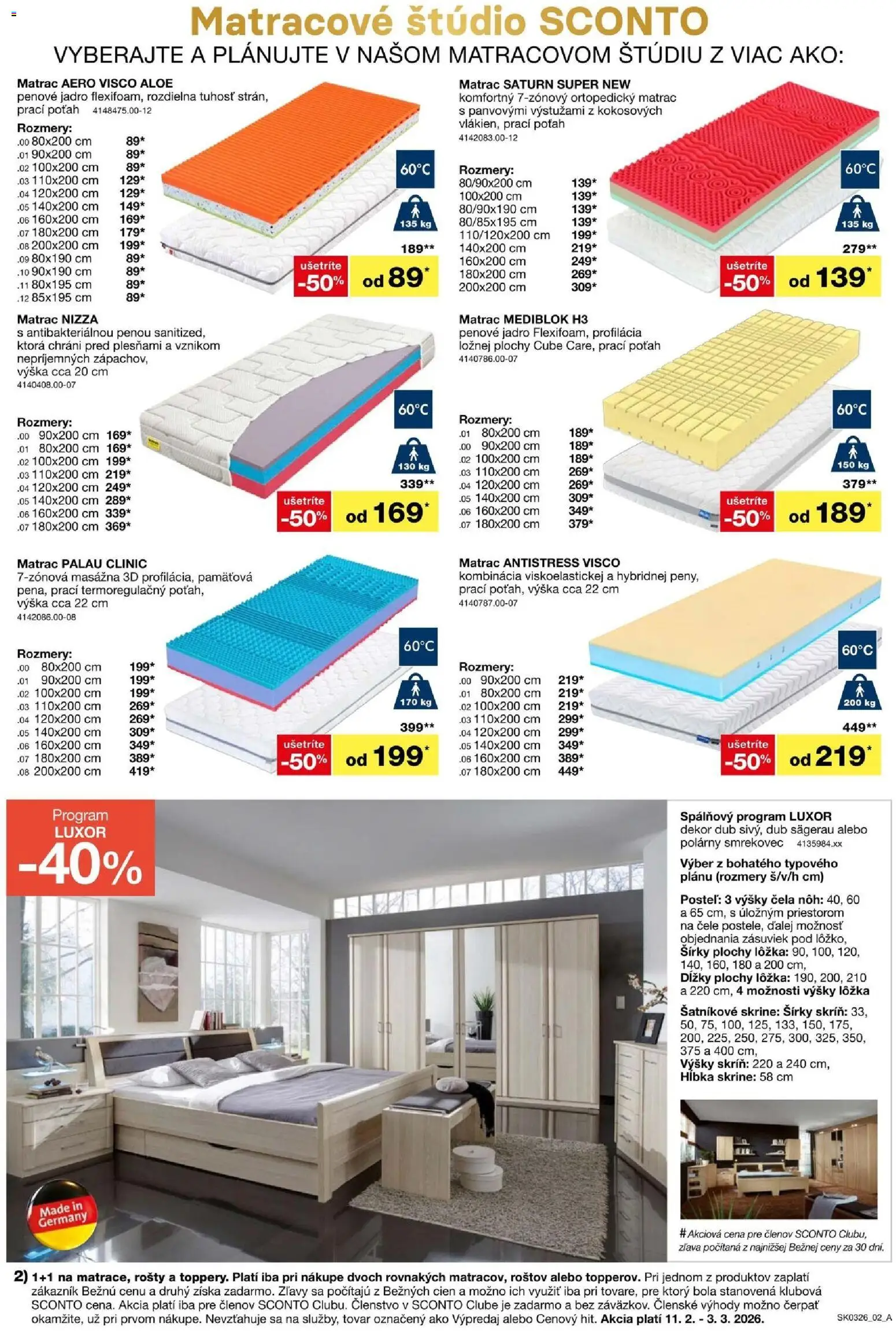 Nové Sconto nábytok akcie – leták je platný od 11.02.2026 | Strana: 2 | Produkty: Matrac, Šatníkové skrine, Posteľ