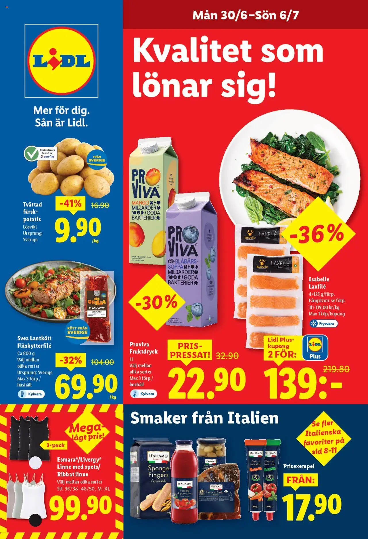 Lidl reklamblad aktuell från 30.06.2025 | Sida: 1 | Produkter: Fläskytterfilé, Linne, Pasta, Mango