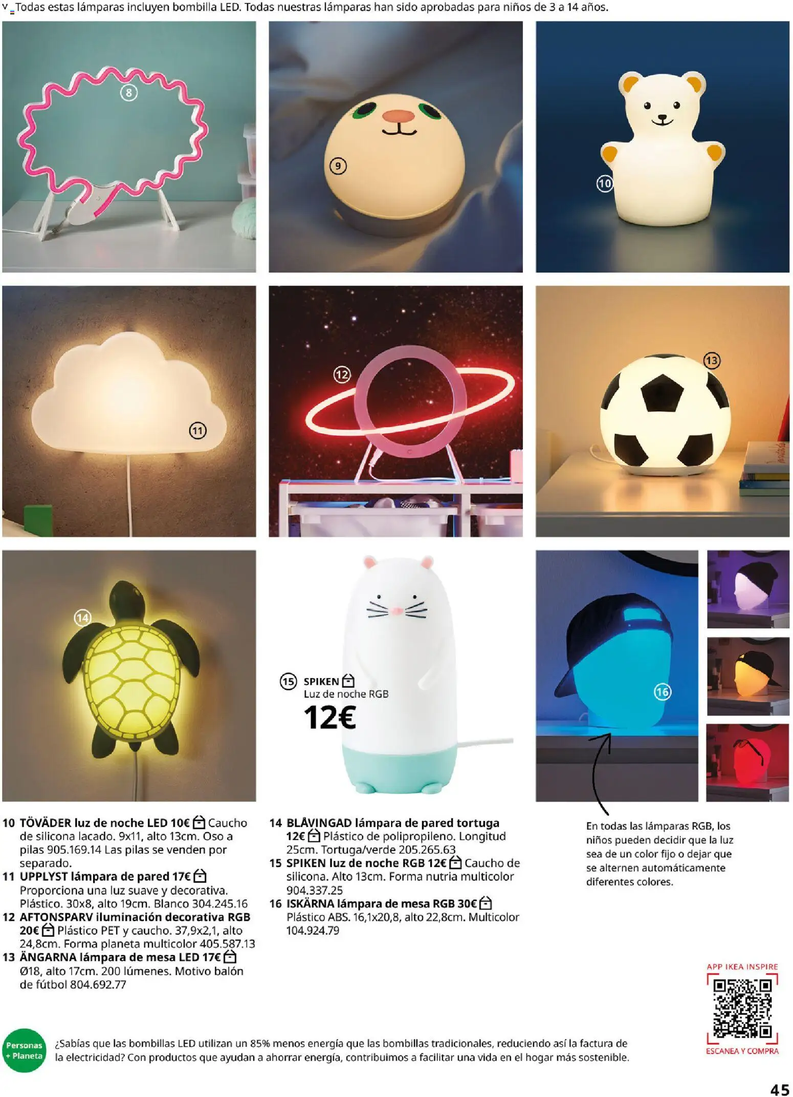 Catálogo IKEA  y los niños  │ válido desde el 06.03.2026 | Página: 45 | Productos: Lámpara de pared, Bombilla, Galette de chaise, Απορρυπαντικό ρούχων σε σκόνη