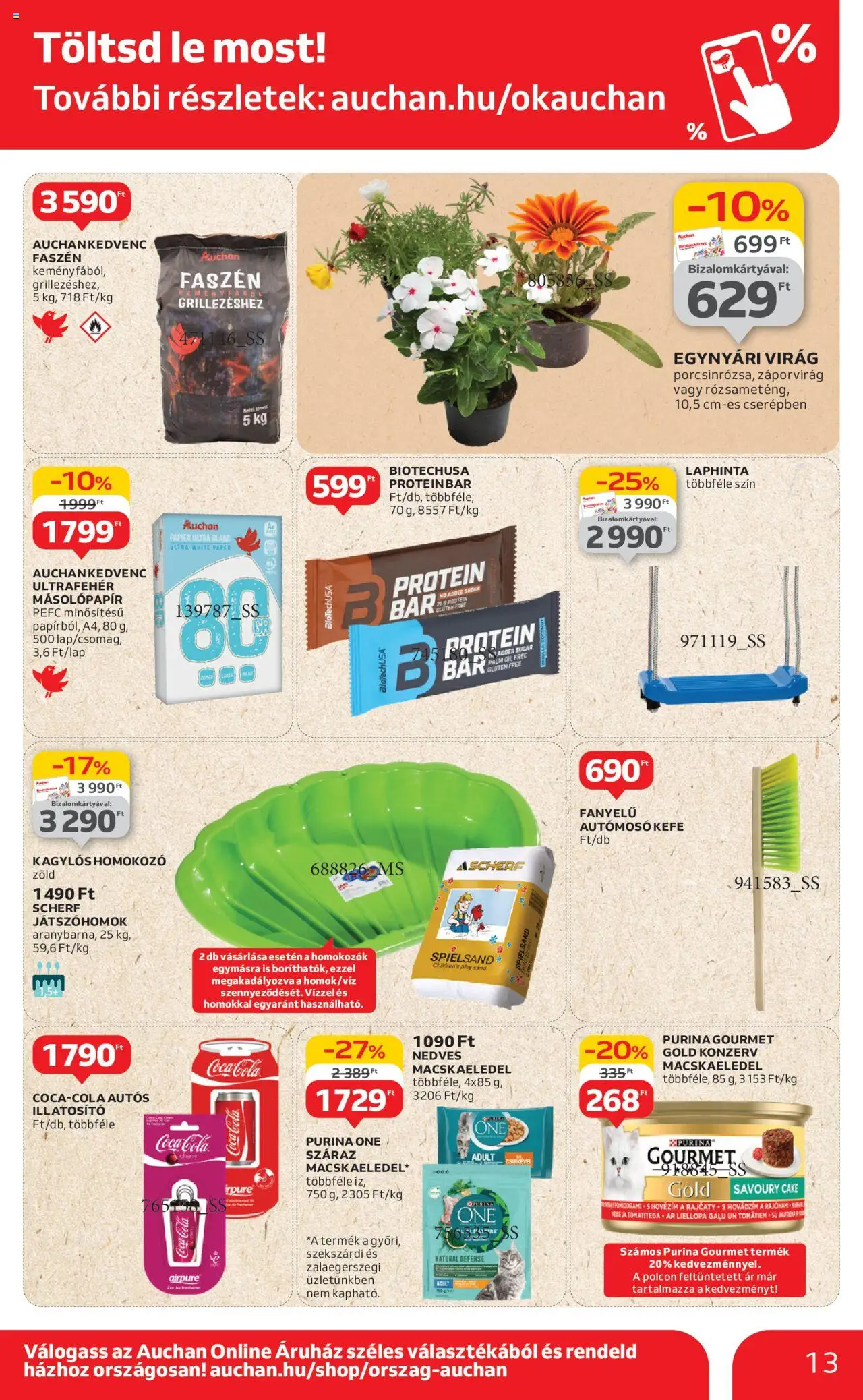 Auchan akciós ujság - amely érvényes a következő dátumtól: 12.06.2025 | Oldal: 13 | Termékek: Protein bar, Macskaeledel, Homokozo, Kefe