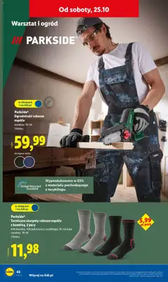 Pogląd oferty "Parkside® Termiczne skarpety robocze męskie z bawełną, 2 pary, Termiczne skarpety robocze męskie z bawełną, 2 pary, 84% bawełny, 15% poliesteru (z recyklingu), 1% elastanu, rozmiary: 39-46, 2 kolory" - ważna od 20.10.2025 | Strona: 46 | Produkty: Ogrodniczki, Skarpety