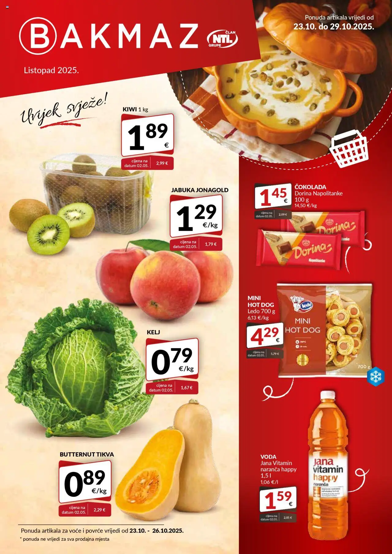 Bakmaz katalog | vrijedi od 23.10.2025 | Stranica: 1 | Proizvodi: Ledo, Voda, Napolitanke, Voće