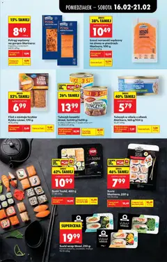 Pogląd oferty "Sushi Toshii, 400 g, Sushi" - ważna od 16.02.2026 | Strona: 35 | Produkty: Tuńczyk w oliwie z oliwek, Pstrąg, Pstrąg wędzony, Łosoś norweski