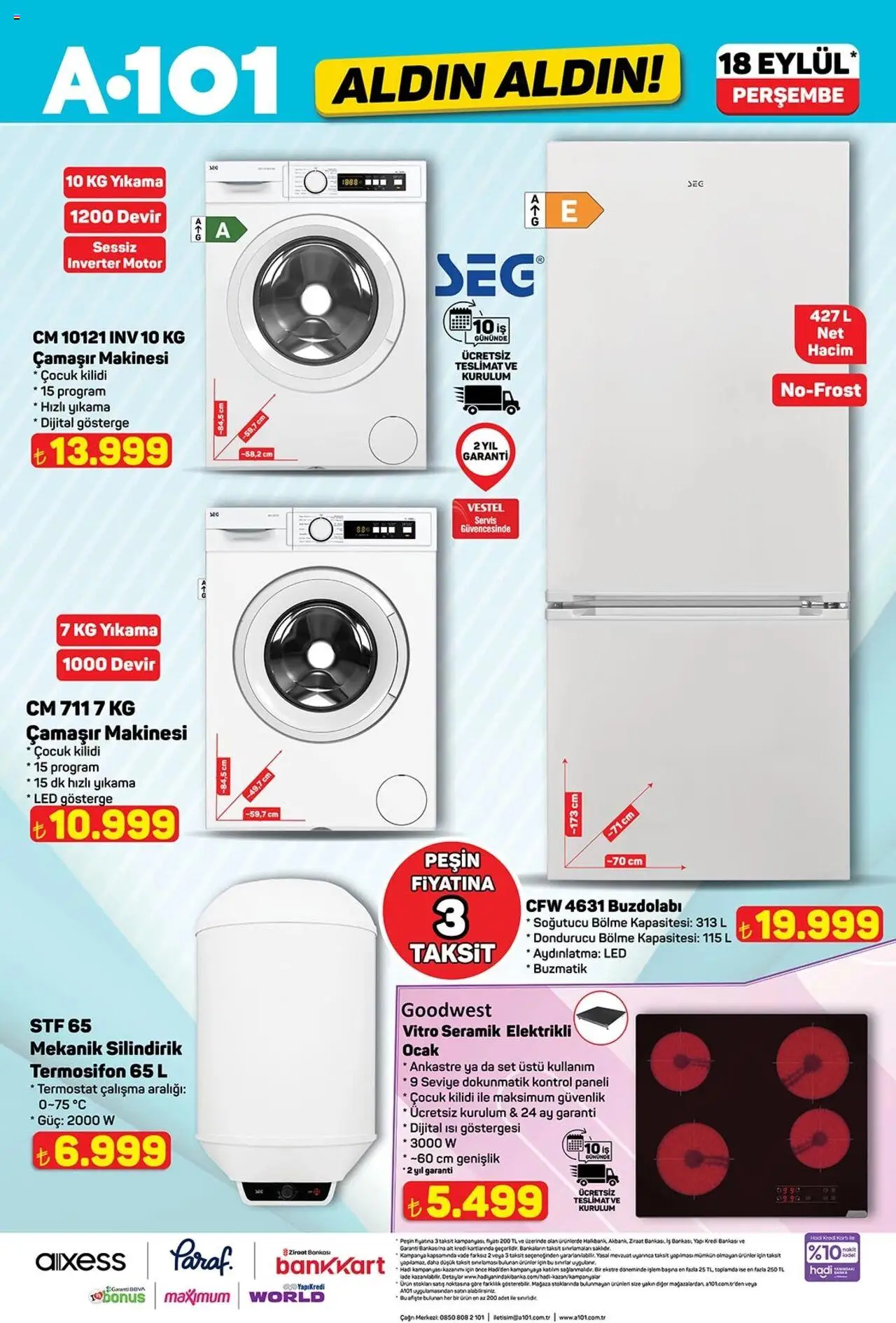 A101 Katalog Aldın Aldın - 18.09.2025 tarihinden itibaren geçerlidir | Sayfa: 5 | Ürünler: Buzdolabı, Dondurucu, Çamaşır makinesi, Ocak