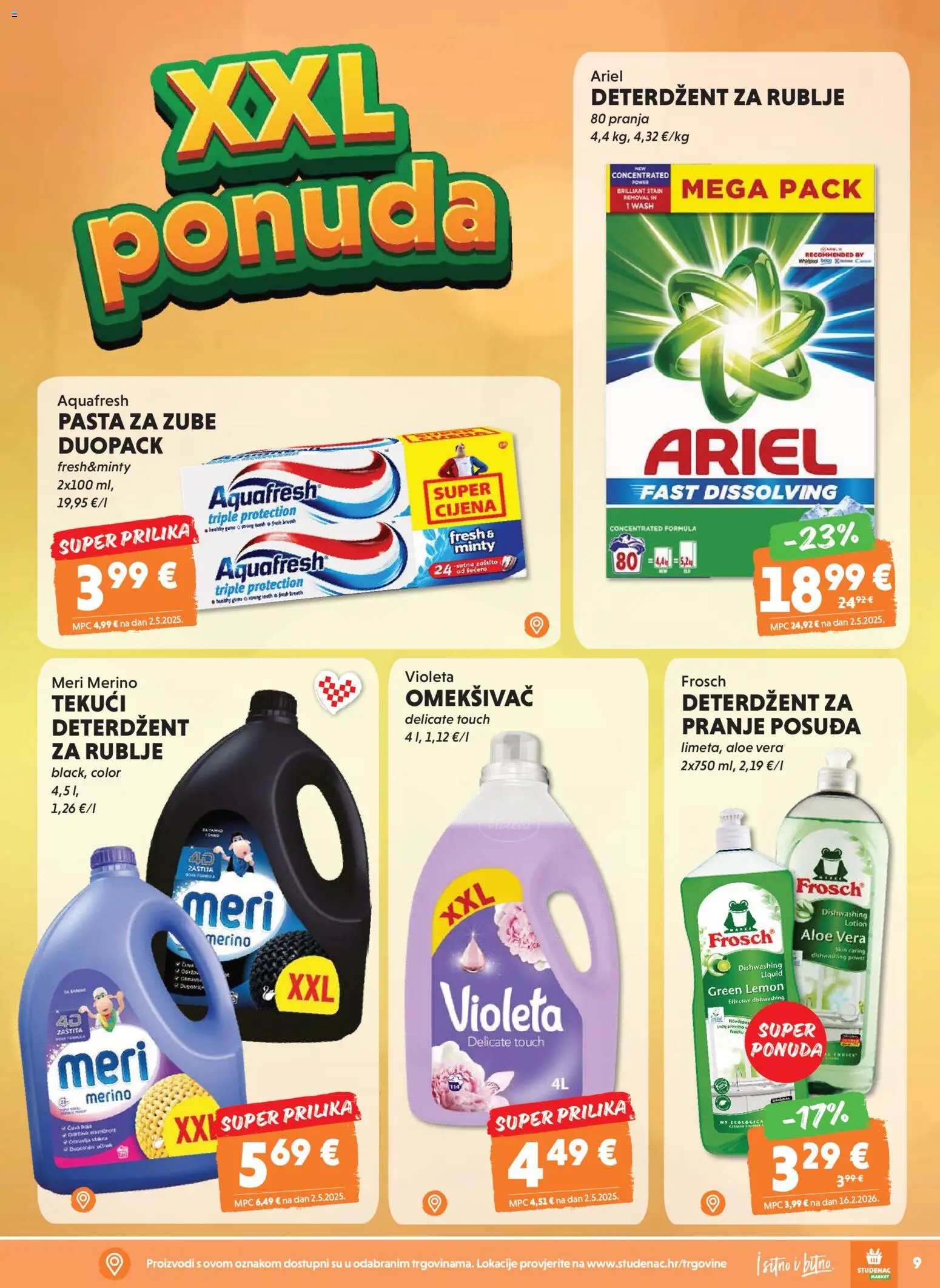 Studenac katalog | vrijedi od 18.03.2026 | Stranica: 9 | Proizvodi: Omekšivač, Deterdžent, Pasta, Meri Merino