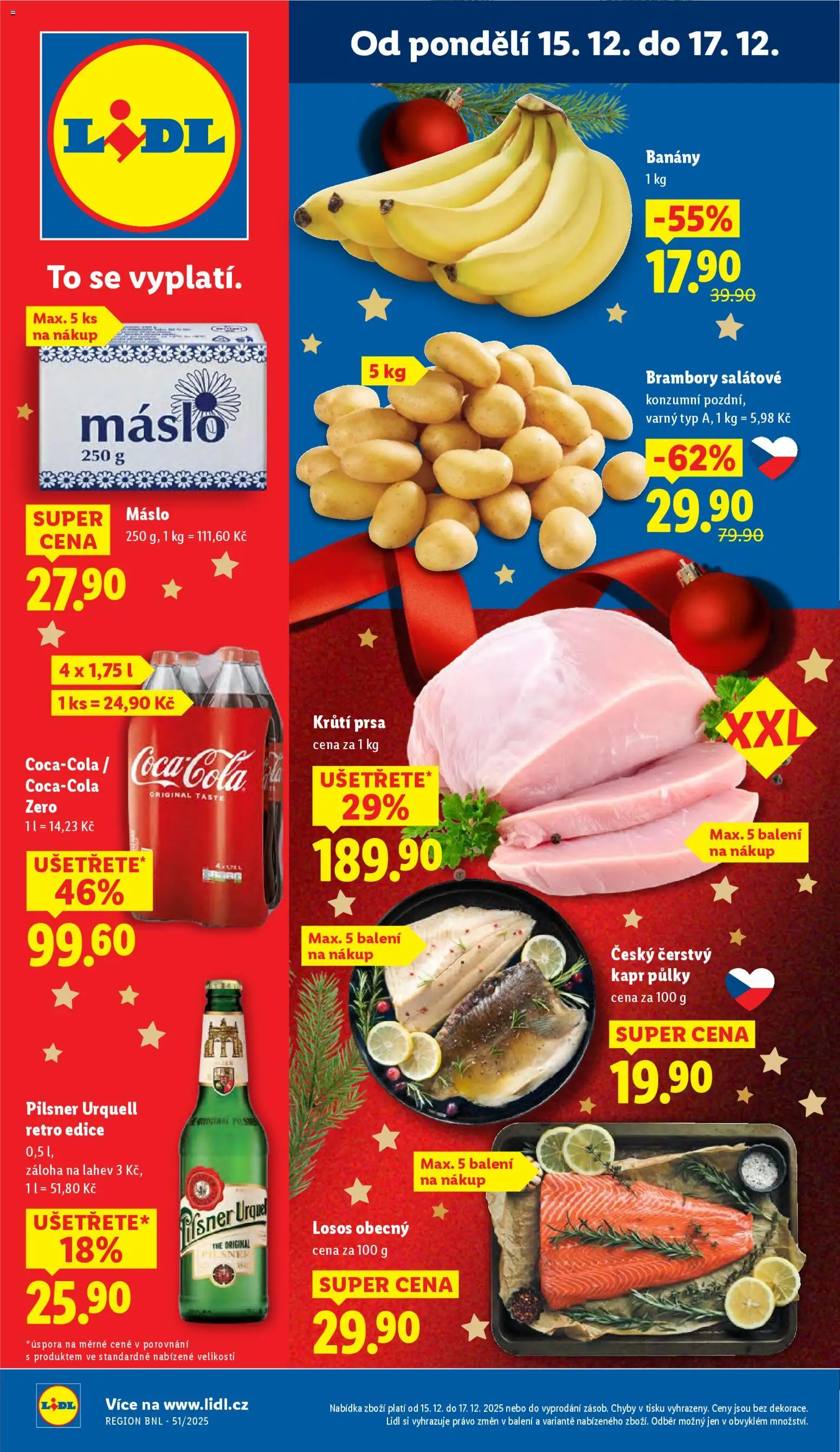 Lidl leták od 15.12.2025 | Strana: 1 | Produkty: Banány, Pilsner, Losos, Kapr
