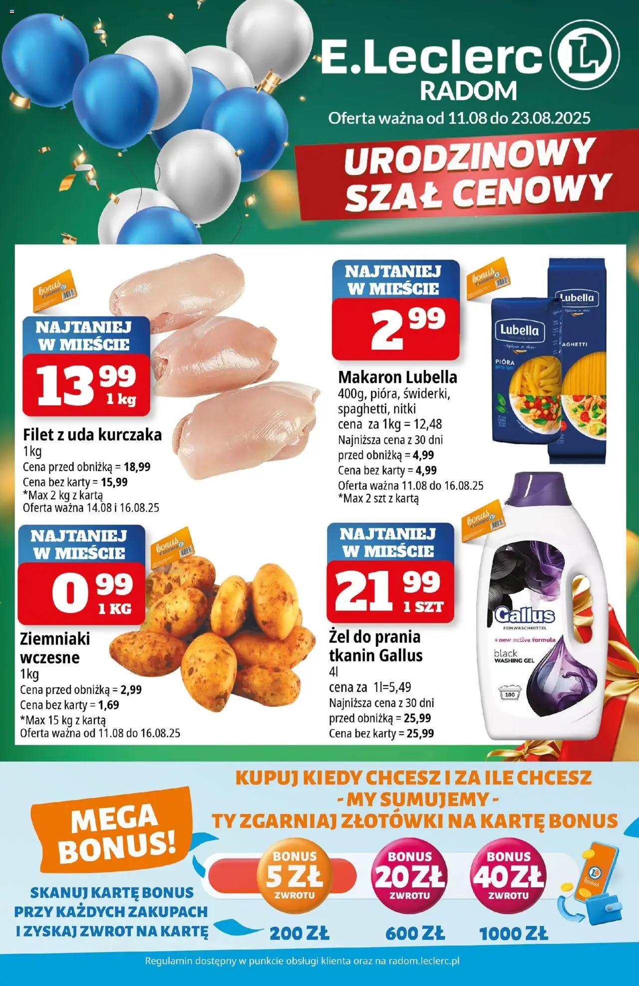E.Leclerc Gazetka - Radom od 11.08.2025 | Strona: 1 | Produkty: Karta, Szal, Makaron, Ziemniaki