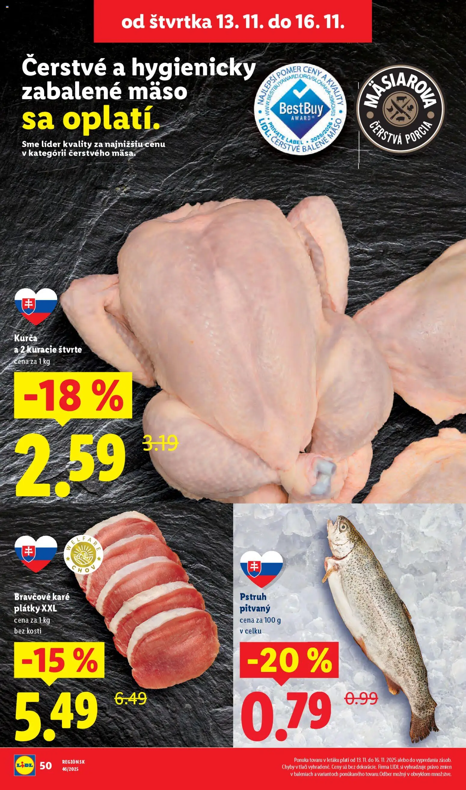 Nové Lidl akcie – leták je platný od 13.11.2025 | Strana: 20 | Produkty: Pstruh, Kurča, Bravčové karé