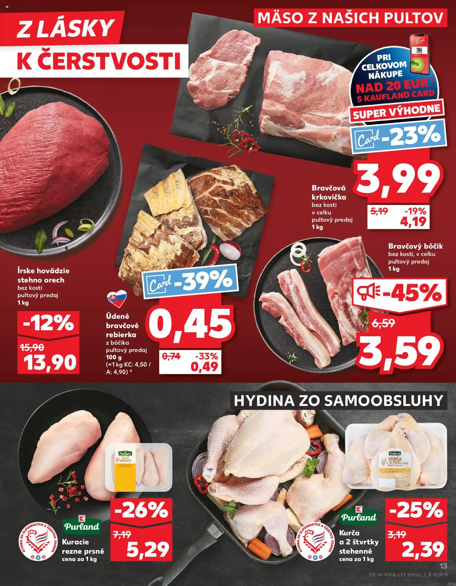 Nové Kaufland akcie – leták je platný od 16.04.2026 | Strana: 13 | Produkty: Bravčová krkovička, Bravčový bôčik, Kuracie rezne, Kurča
