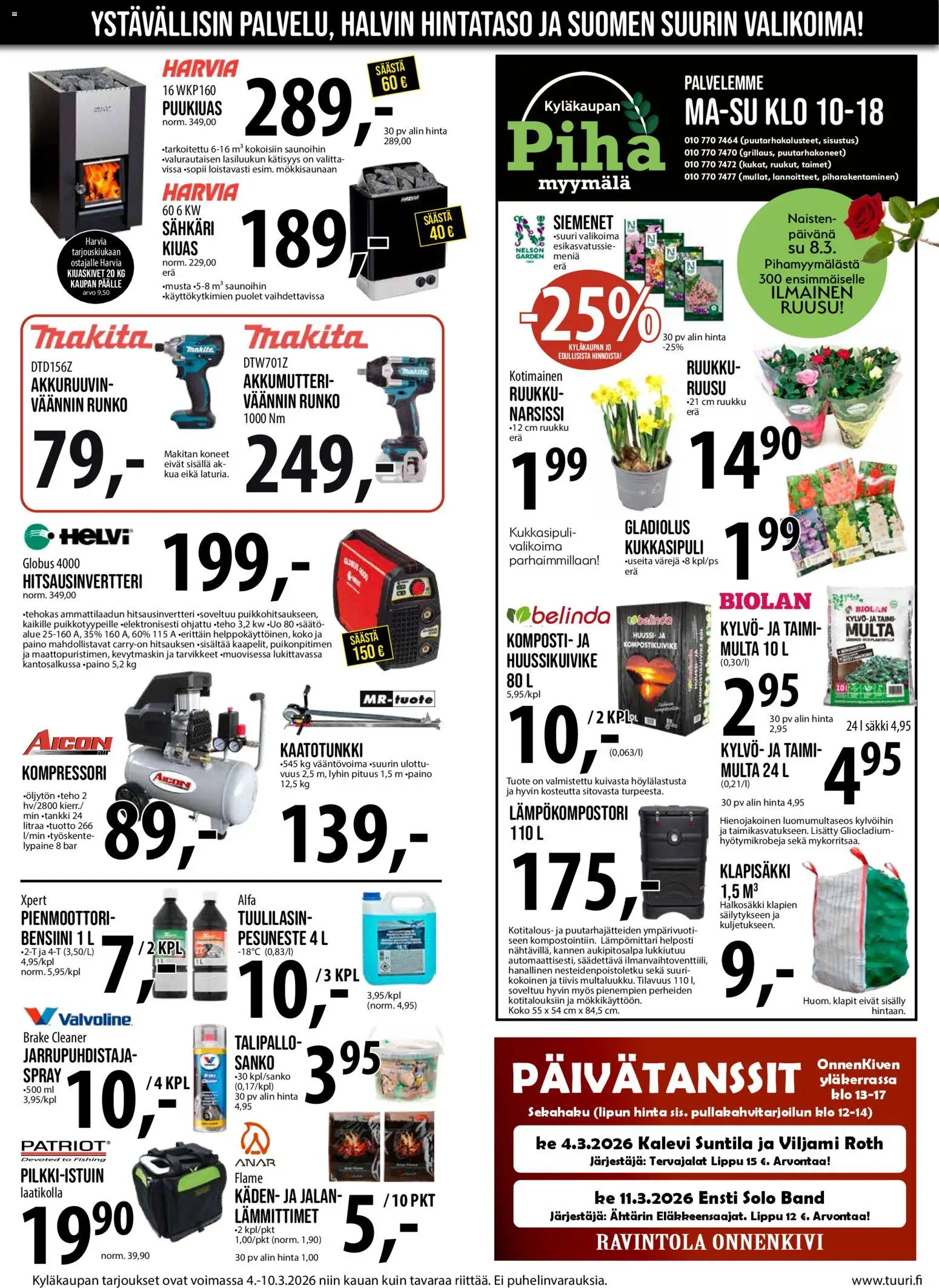 Tuuri tarjoukset – voimassa 04.03.2026 alkaen | Sivu: 4 | Tuotteet: Lämpömittari, Siemenet, Komposti, Kompressori