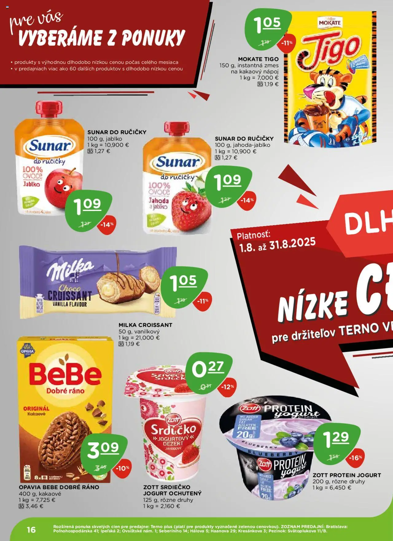 Terno leták │ platný od 07.08.2025 | Strana: 16 | Produkty: BeBe Dobré ráno, Croissant, Sunar, Milka