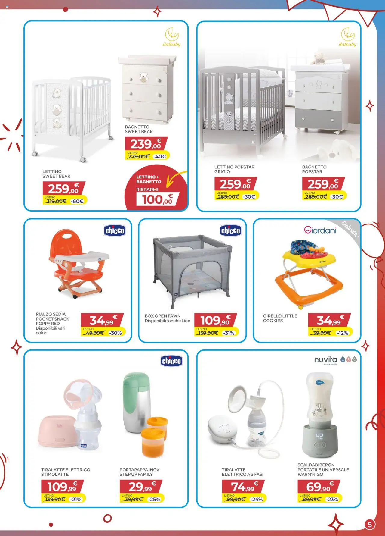 Volantino Bimbo store del 03.10.2025 | Pagina: 5 | Prodotti: Lettino, Bagnetto, Tiralatte, Sedia