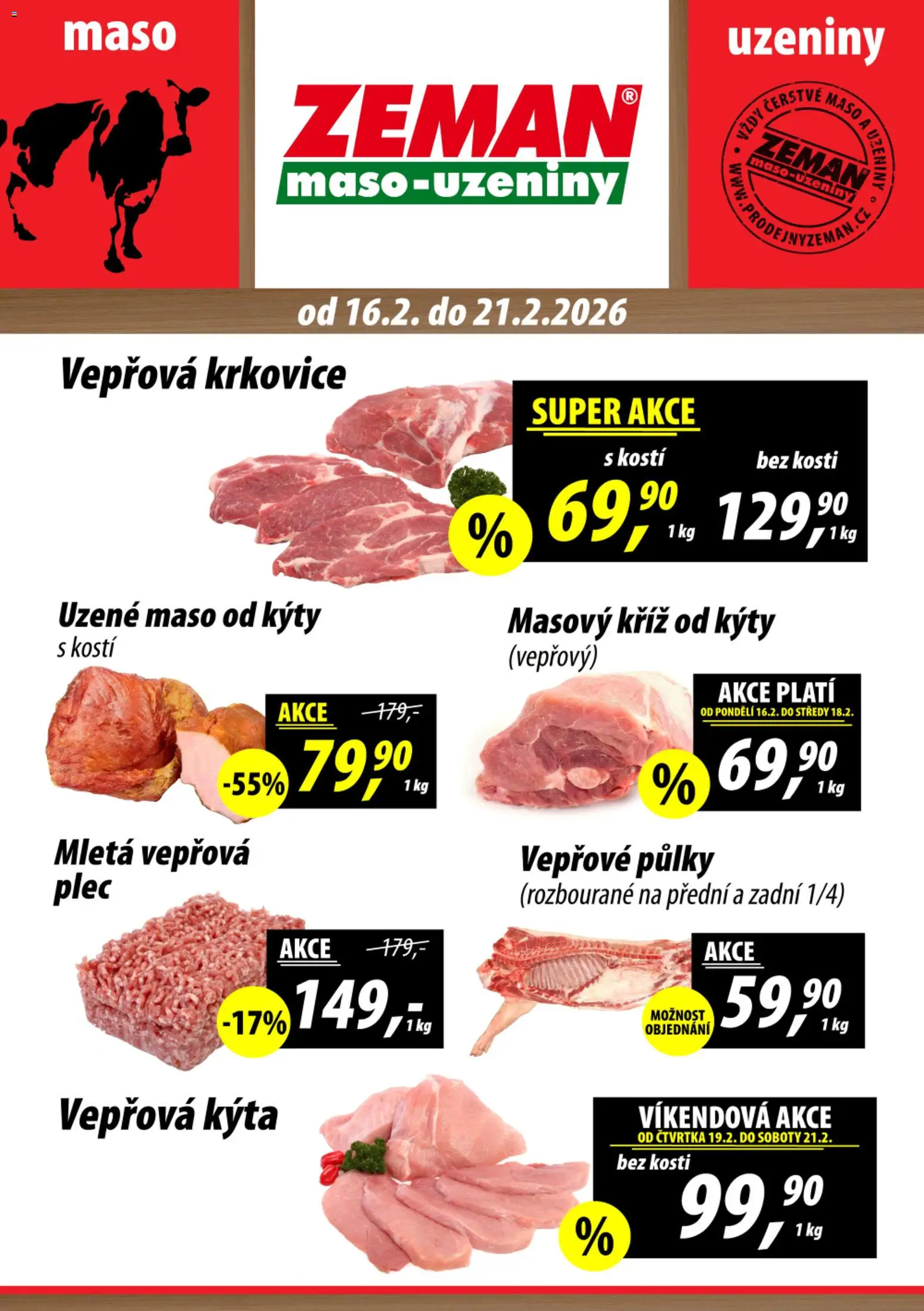 Prodejny Zeman leták od 16.02.2026 | Strana: 1 | Produkty: Uzené maso, Vepřová Kýta, Krkovice, Kýta