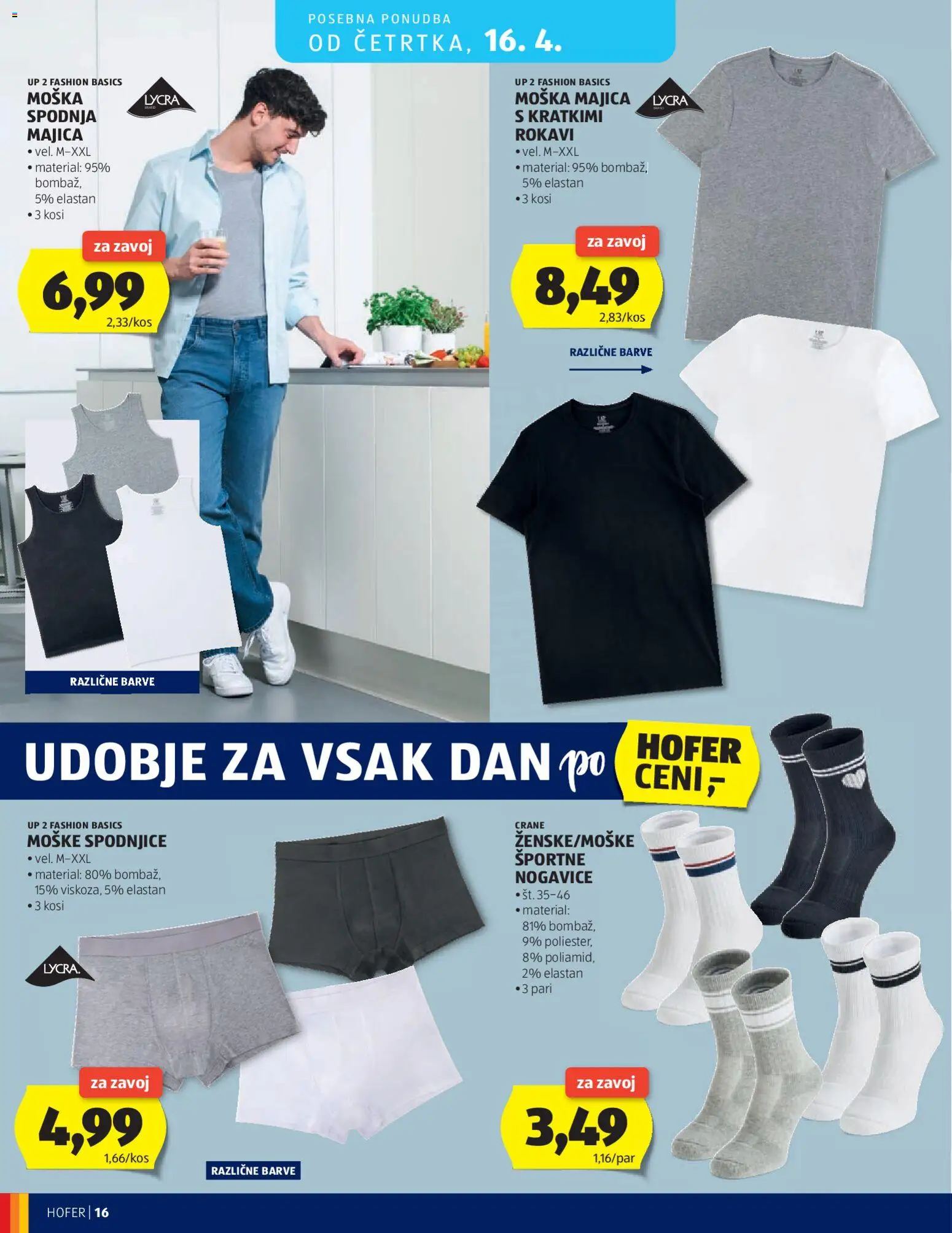 Novi Hofer katalog ponudbe – veljaven od 08.04.2026 | Stran: 16 | Izdelki: Športne nogavice, Spodnjice, Majica, Nogavice