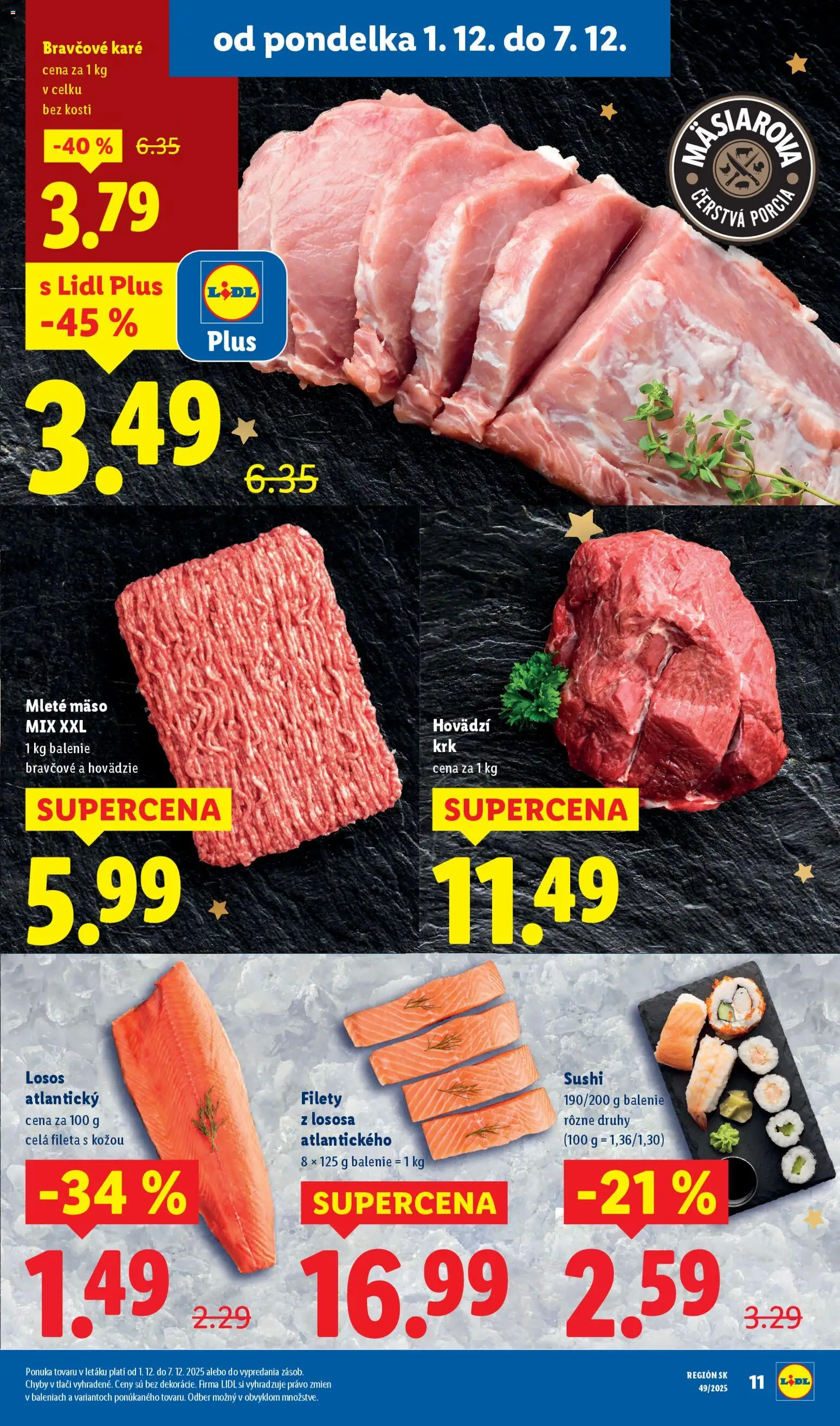 Nové Lidl akcie – leták je platný od 01.12.2025 | Strana: 13 | Produkty: Losos, Sushi, Mleté mäso, Bravčové karé