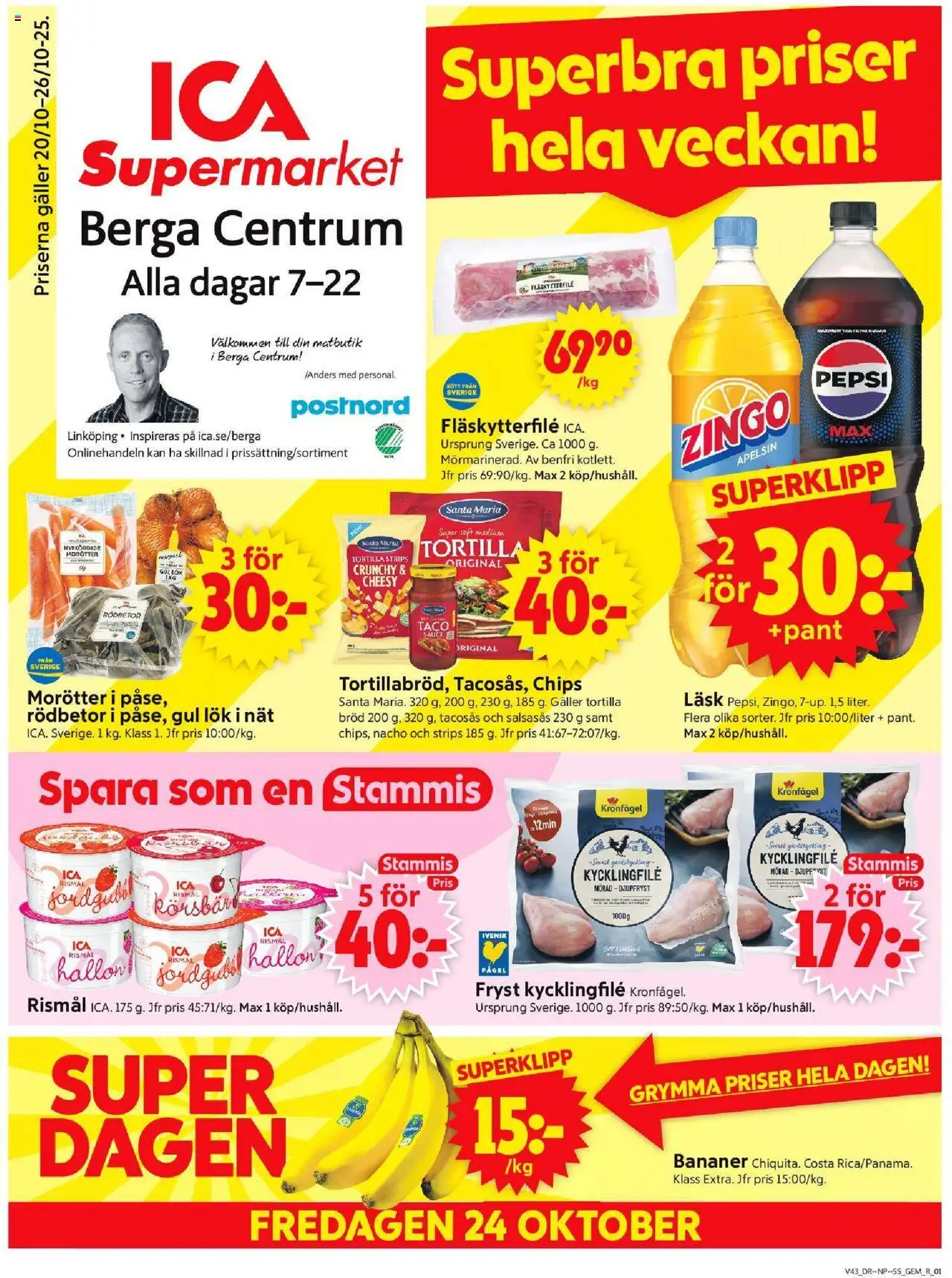 ICA Supermarket reklamblad aktuell från 20.10.2025 | Sida: 1 | Produkter: Tacosås, Pepsi, Gul lök, Bananer
