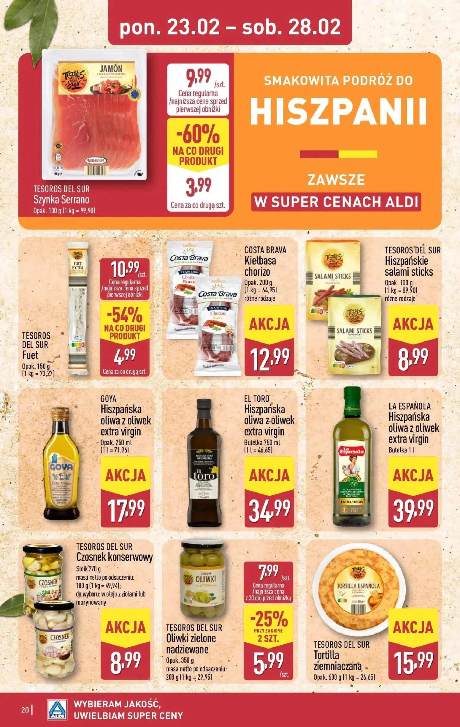 Aldi Gazetka od 23.02.2026 | Strona: 20 | Produkty: Kiełbasa, Tortilla, Fuet, Salami