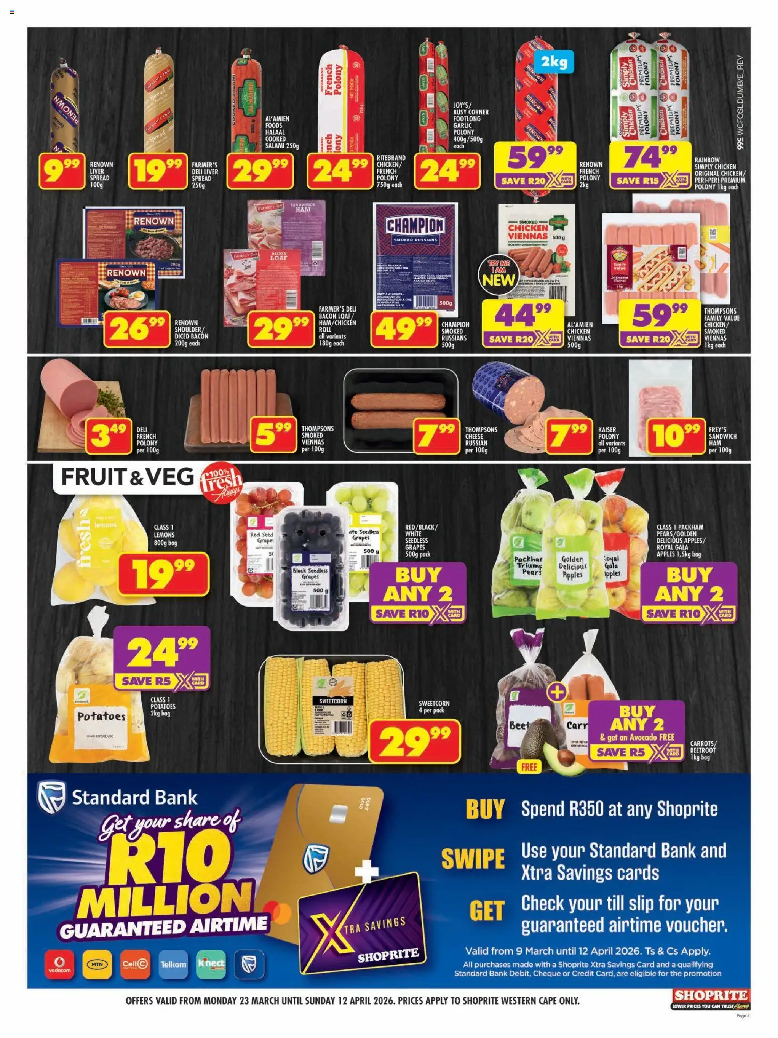 New Shoprite catalogue – valid from 23.03.2026 | Page: 3 | Products: Corn, Drone, Cheese, Apples