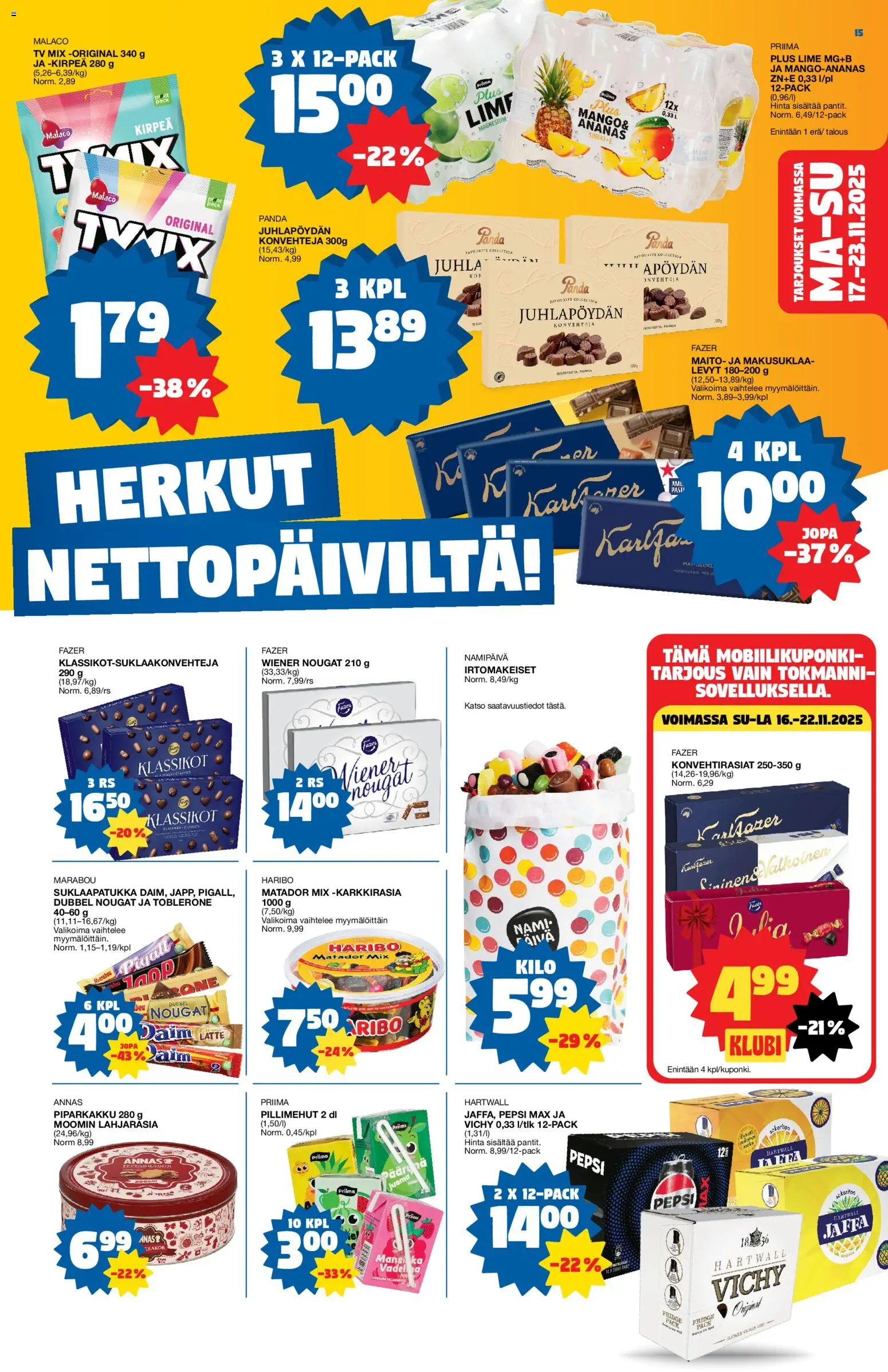 Tokmanni - Black Friday – voimassa 17.11.2025 alkaen | Sivu: 15 | Tuotteet: Irtomakeiset, Maito, Ananas, Pasta