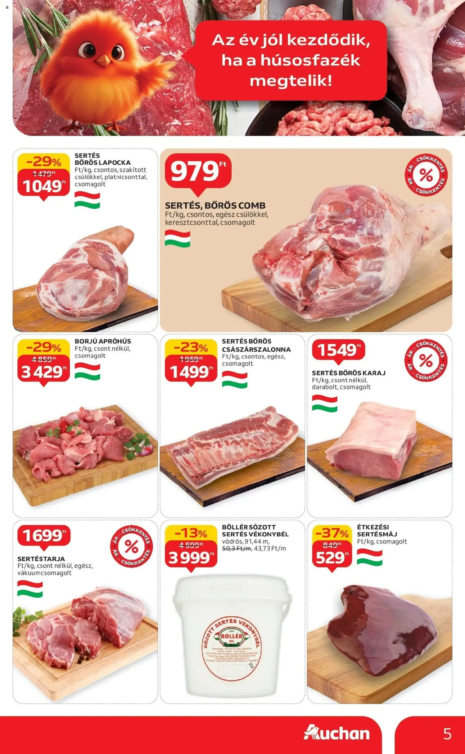 Auchan akciós ujság - amely érvényes a következő dátumtól: 15.01.2026 | Oldal: 5 | Termékek: Sertéstarja, Sertésmáj, Császárszalonna, Karaj