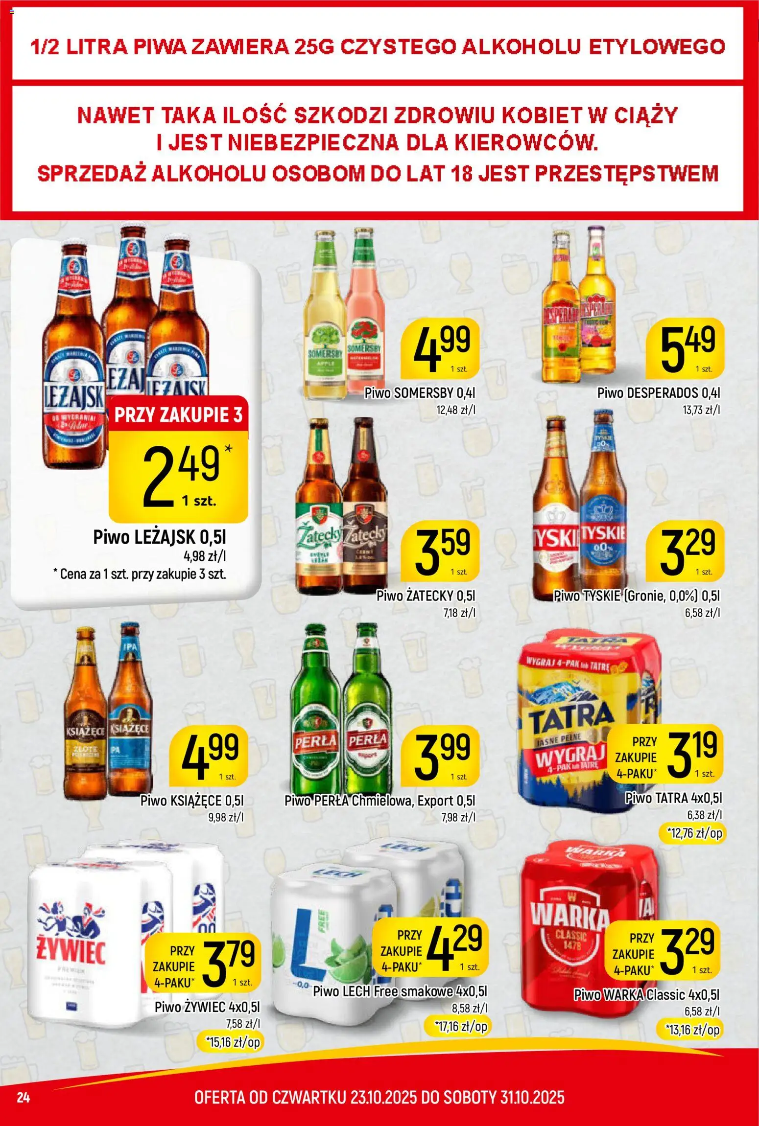 Piotruś Pan Gazetka od 23.10.2025 | Strona: 24 | Produkty: Piwo Somersby, Piwo perła, Warka, Tyskie