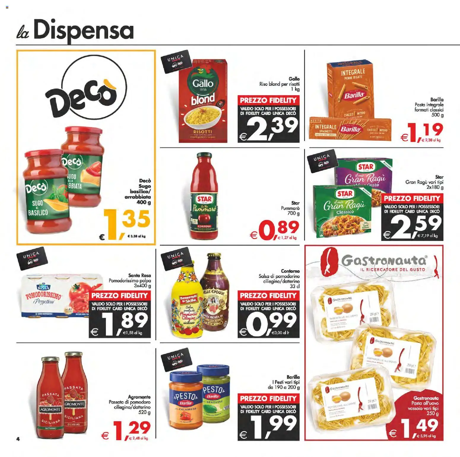 Volantino Decò del 23.01.2026 | Pagina: 4 | Prodotti: Tagliatelle, Salsa, Passata di pomodoro, Sugo