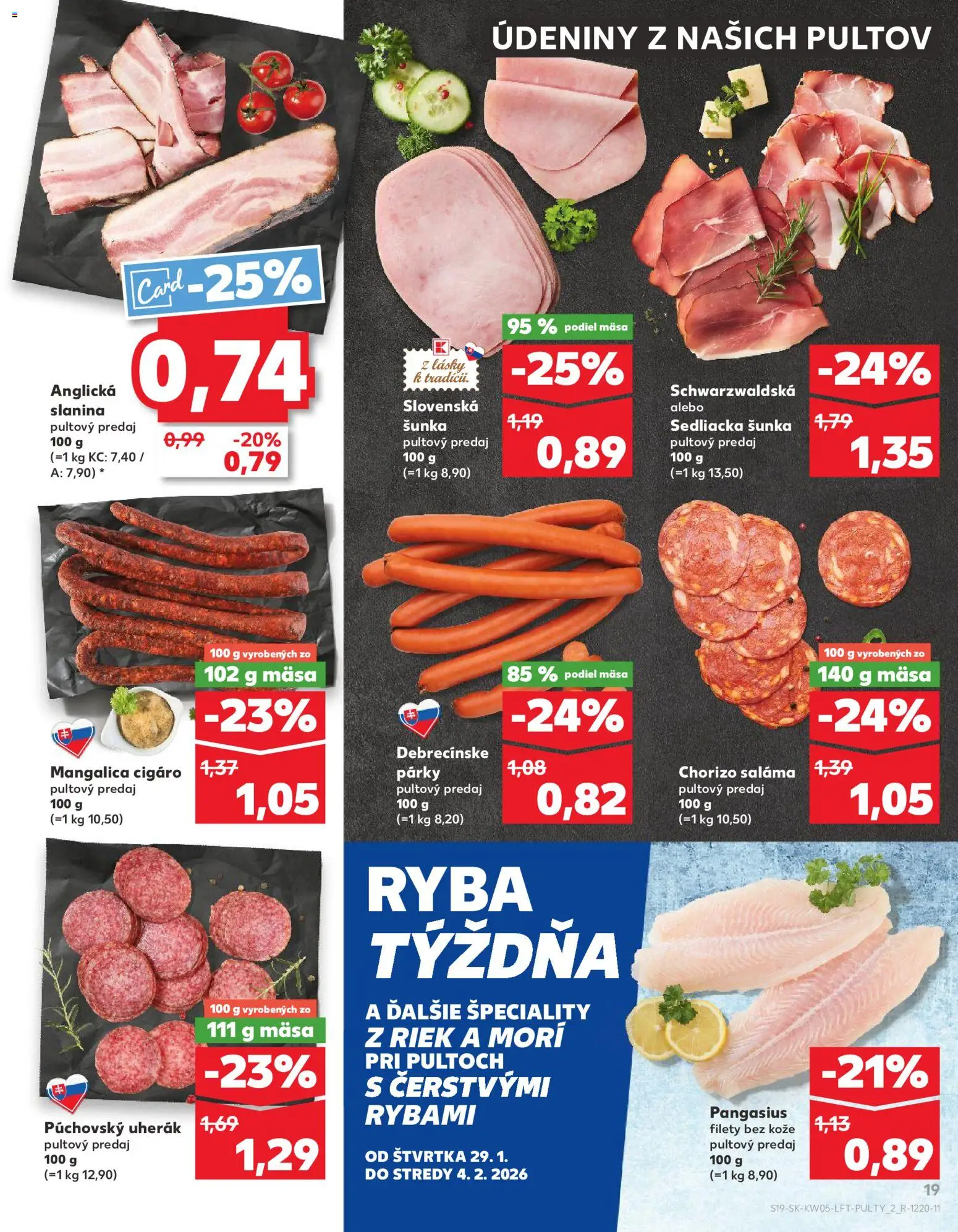 Nové Kaufland akcie – leták je platný od 29.01.2026 | Strana: 19 | Produkty: Saláma, Šunka, Ryba, Párky