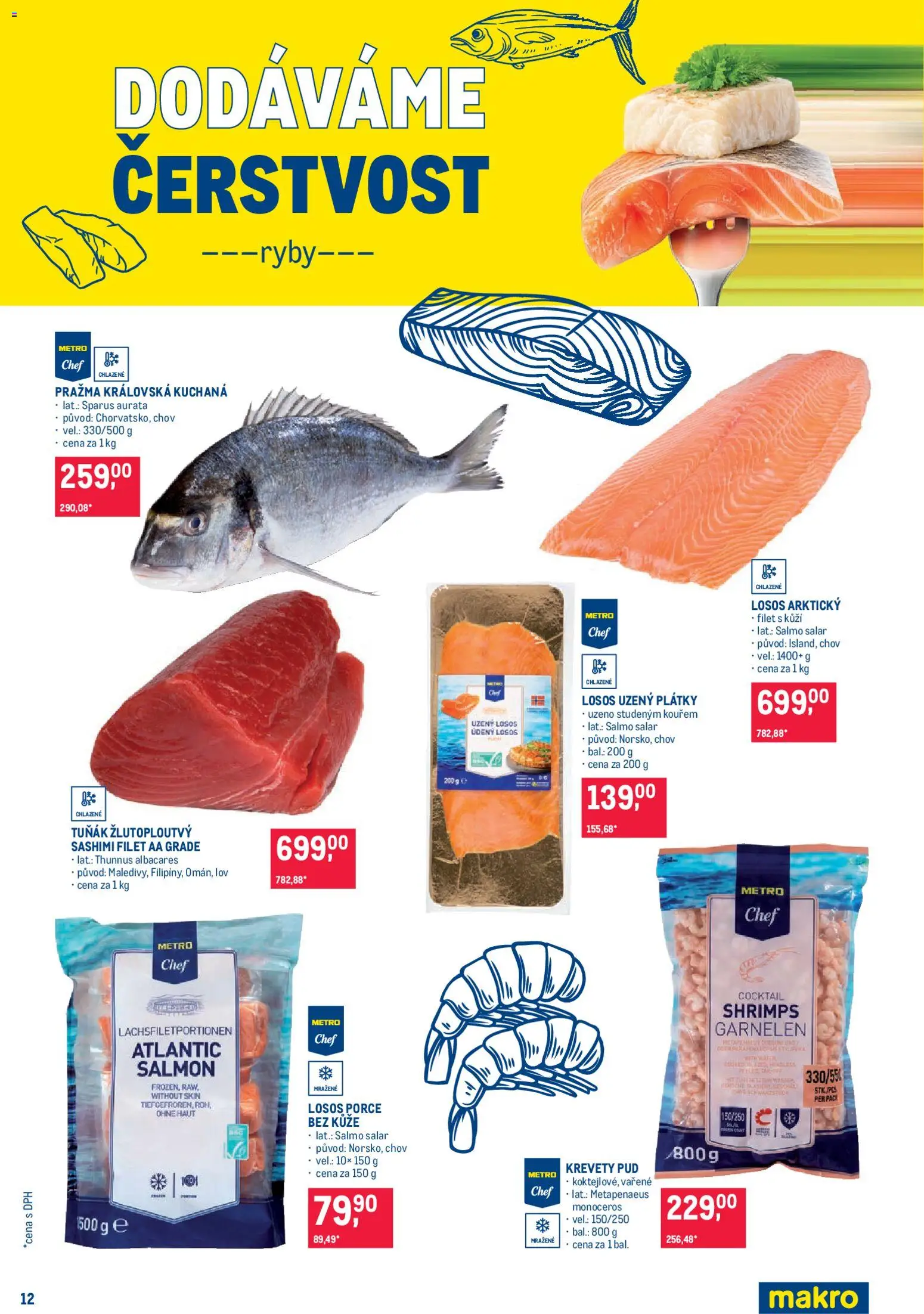 Makro leták - Pro milovníky jídla od 11.03.2026 | Strana: 12 | Produkty: Tuňák, Pražma, Krevety, Uzený losos