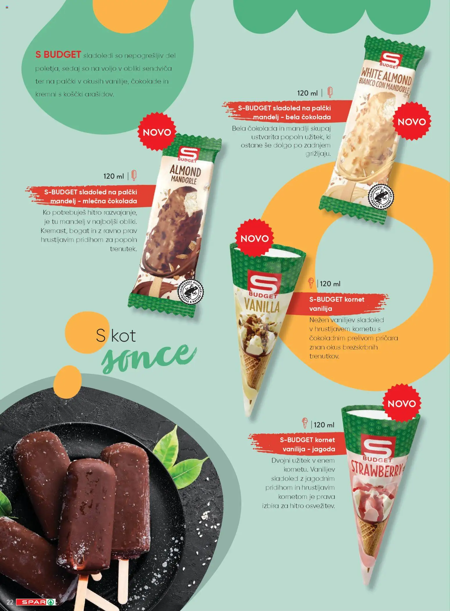 Novi Spar katalog ponudbe – veljaven od 20.04.2026 | Stran: 22 | Izdelki: Mandlji, Cokolada, Sladoled