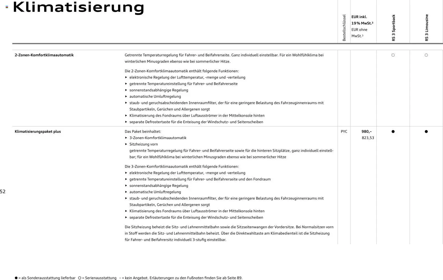 Audi RS 3 Sportback / RS 3 Limousine – gültig ab 25.10.2025 | Seite: 52