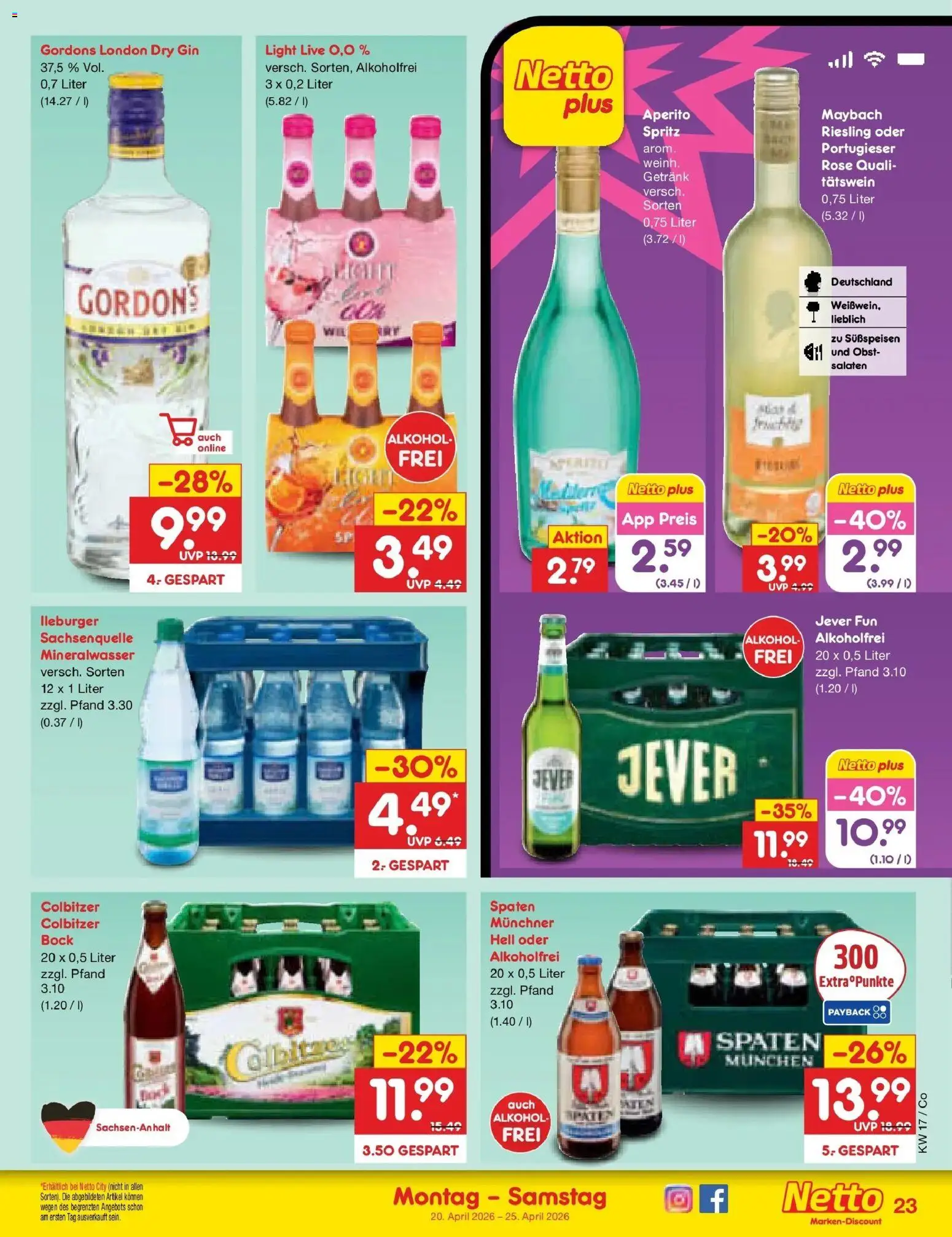 Netto Marken-Discount Prospekt Bitterfeld-Wolfen	 – gültig ab 20.04.2026 | Seite: 31 | Produkte: Mineralwasser, Obst, Jever, Gin