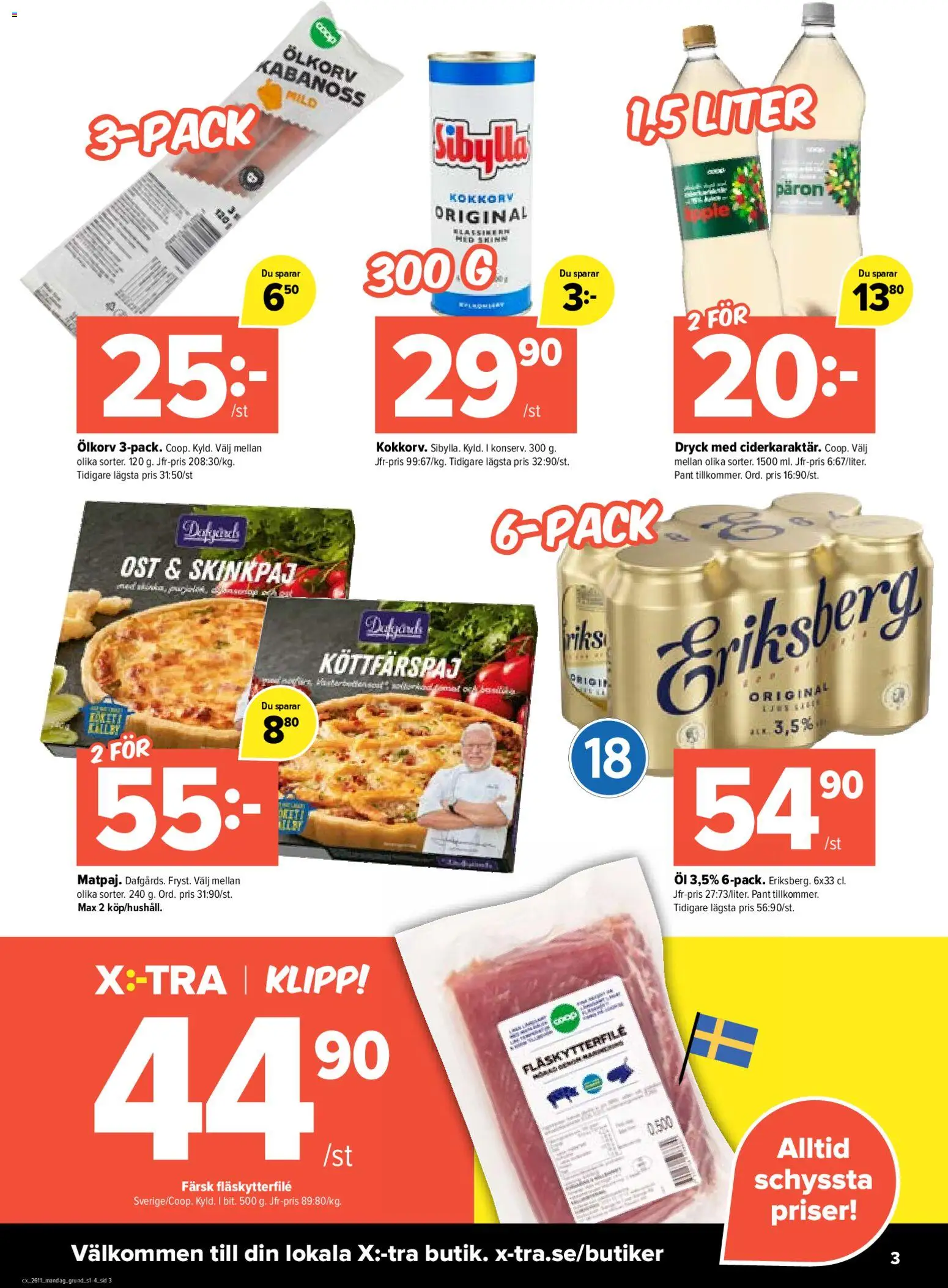 Coop X:-TRA reklamblad aktuell från 09.03.2026 | Sida: 3 | Produkter: Fläskytterfilé, Ost, Öl, Äpple