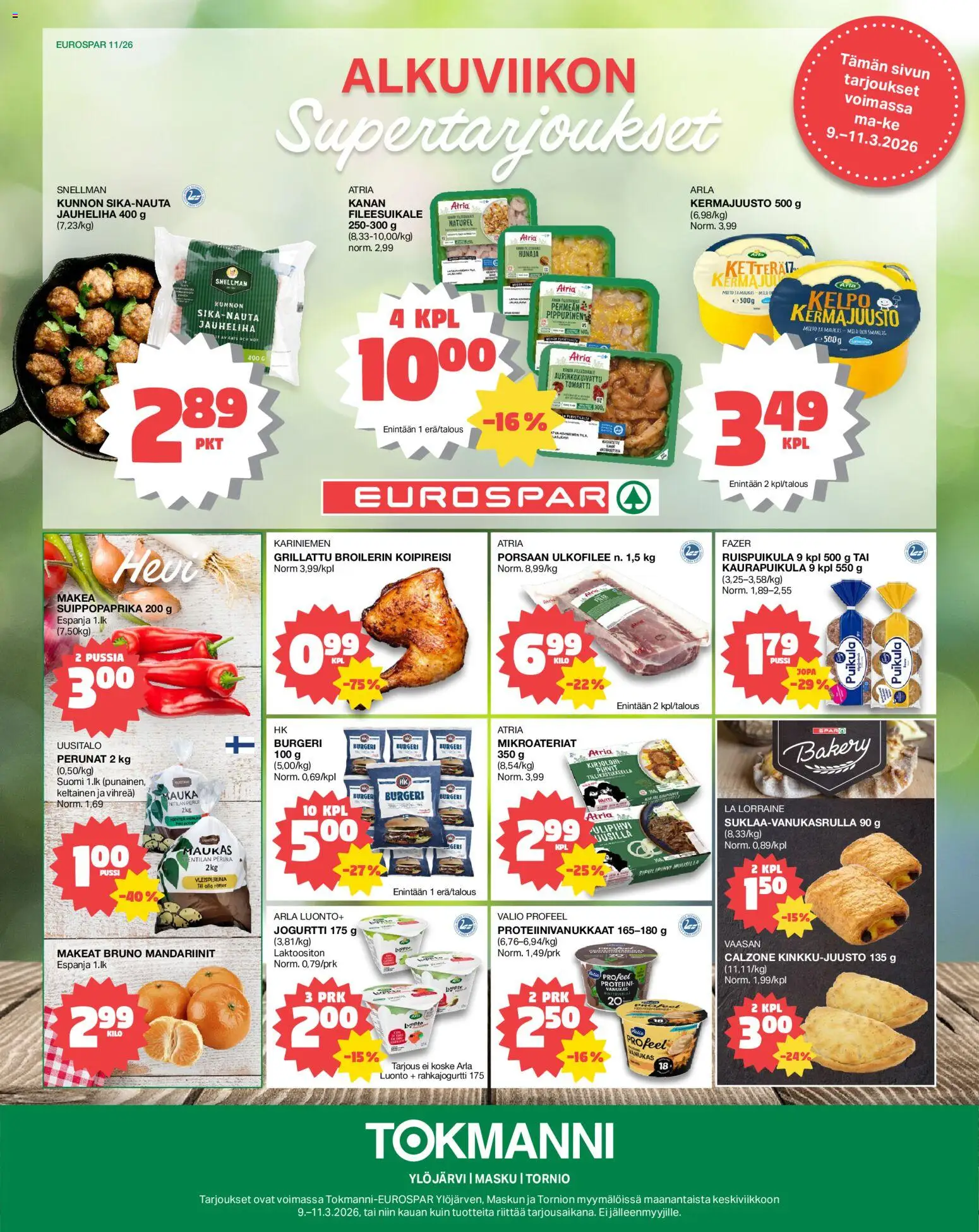 Tokmanni tarjoukset EUROSPAR – voimassa 09.03.2026 alkaen | Sivu: 1 | Tuotteet: Jauheliha, Jogurtti, Mandariinit, Hunaja