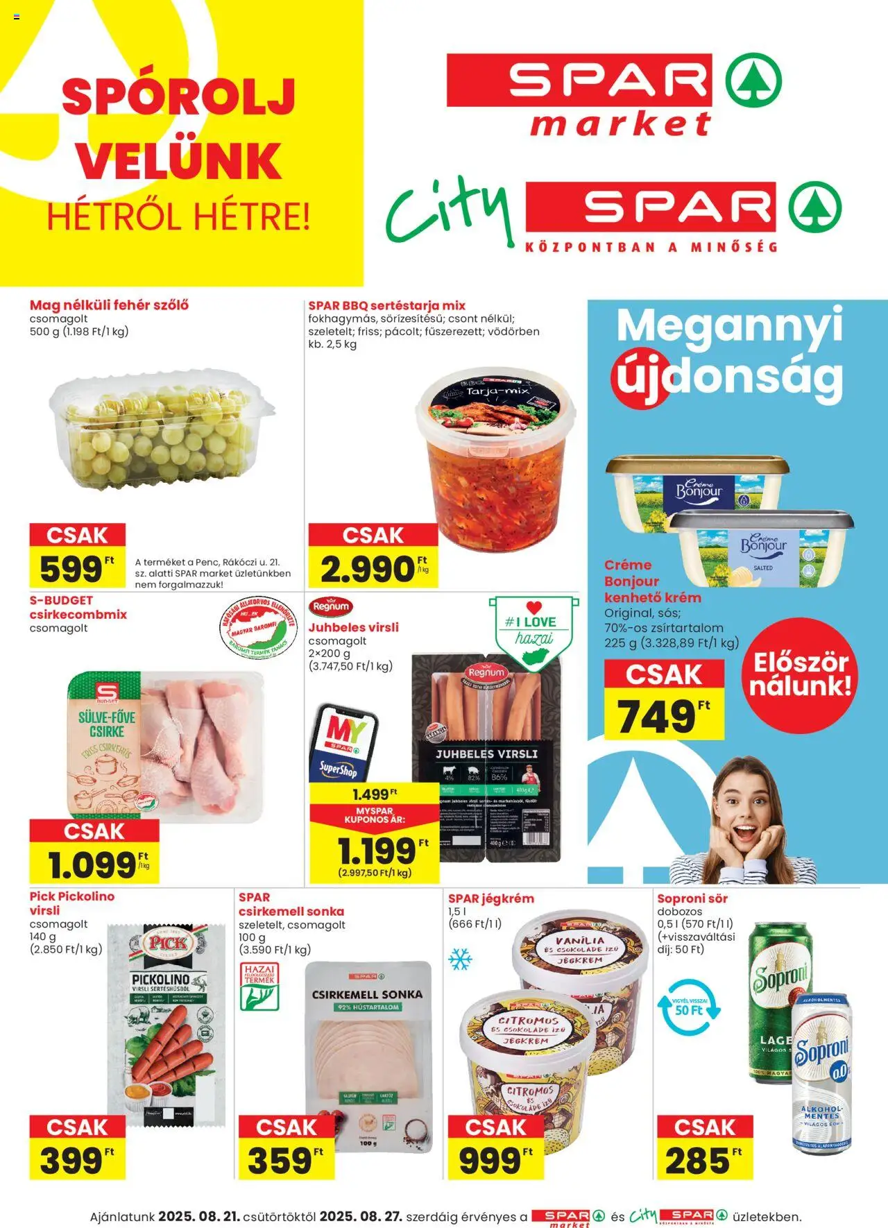 Spar Market akciós ujság - amely érvényes a következő dátumtól: 21.08.2025 | Oldal: 1 | Termékek: Kvasac, Sertéstarja, Alkohol, Csirkemell