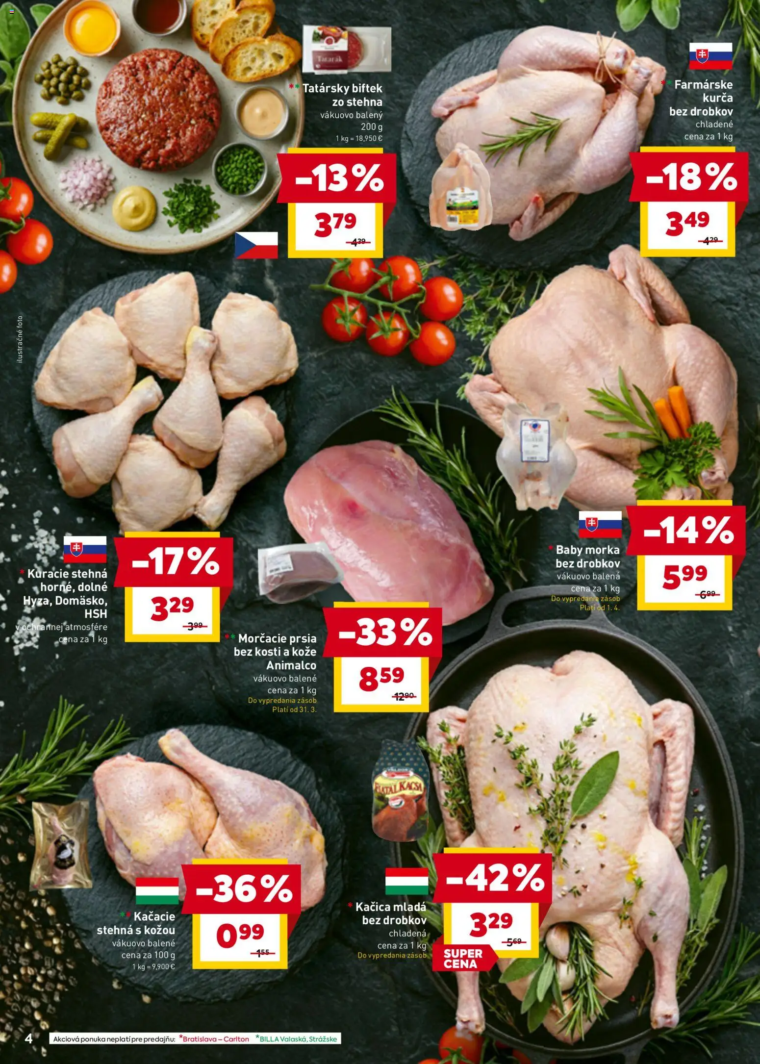 Nové Billa akcie – leták je platný od 30.03.2026 | Strana: 6 | Produkty: Kačica, Kuracie stehná, Tatarák, Kurča