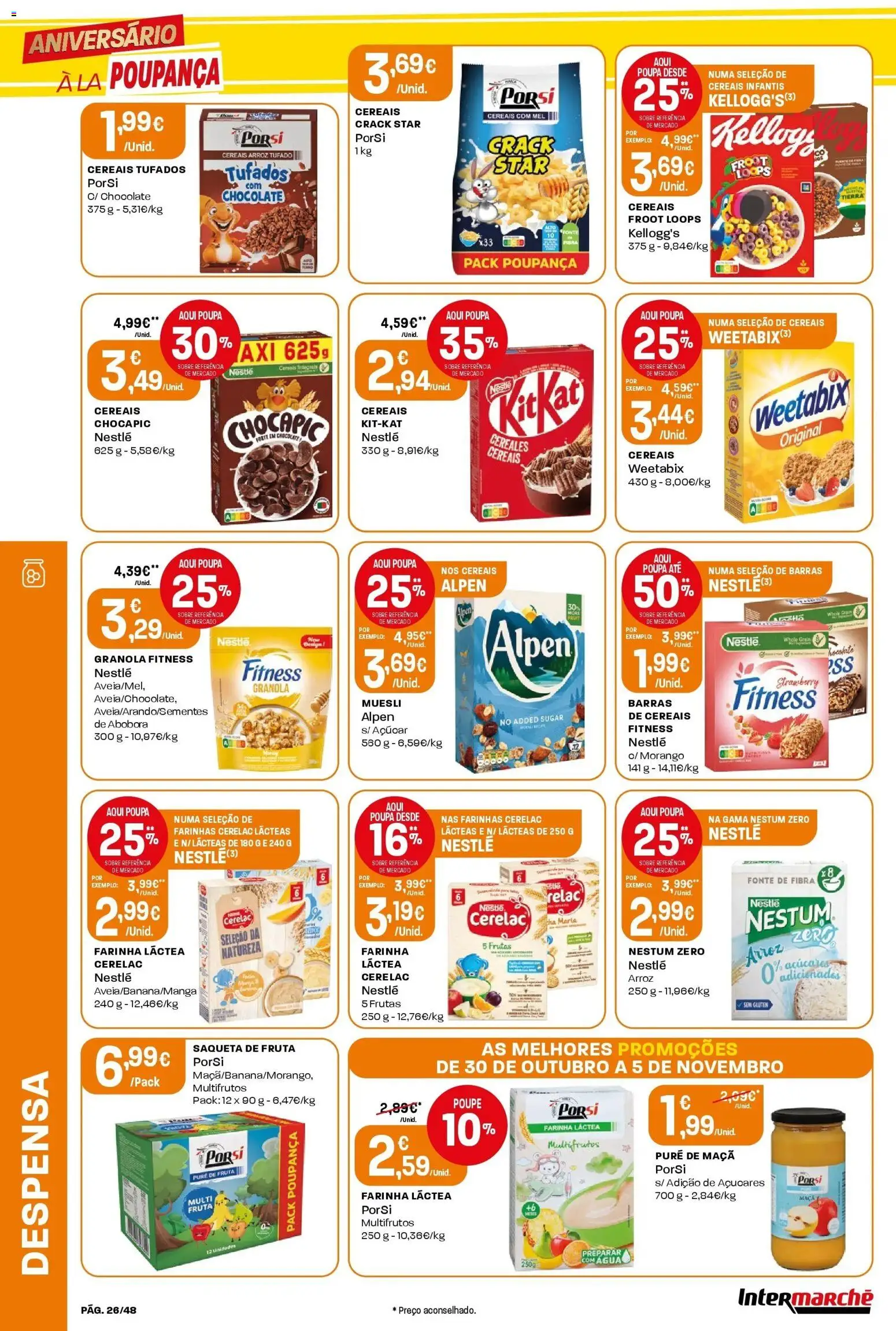 Intermarché - Aniversário à la poupança! » de 30/10/2025 - 05/11/2025 | Página: 26 | Produtos: Granola, Maça, Chocolate, Mel