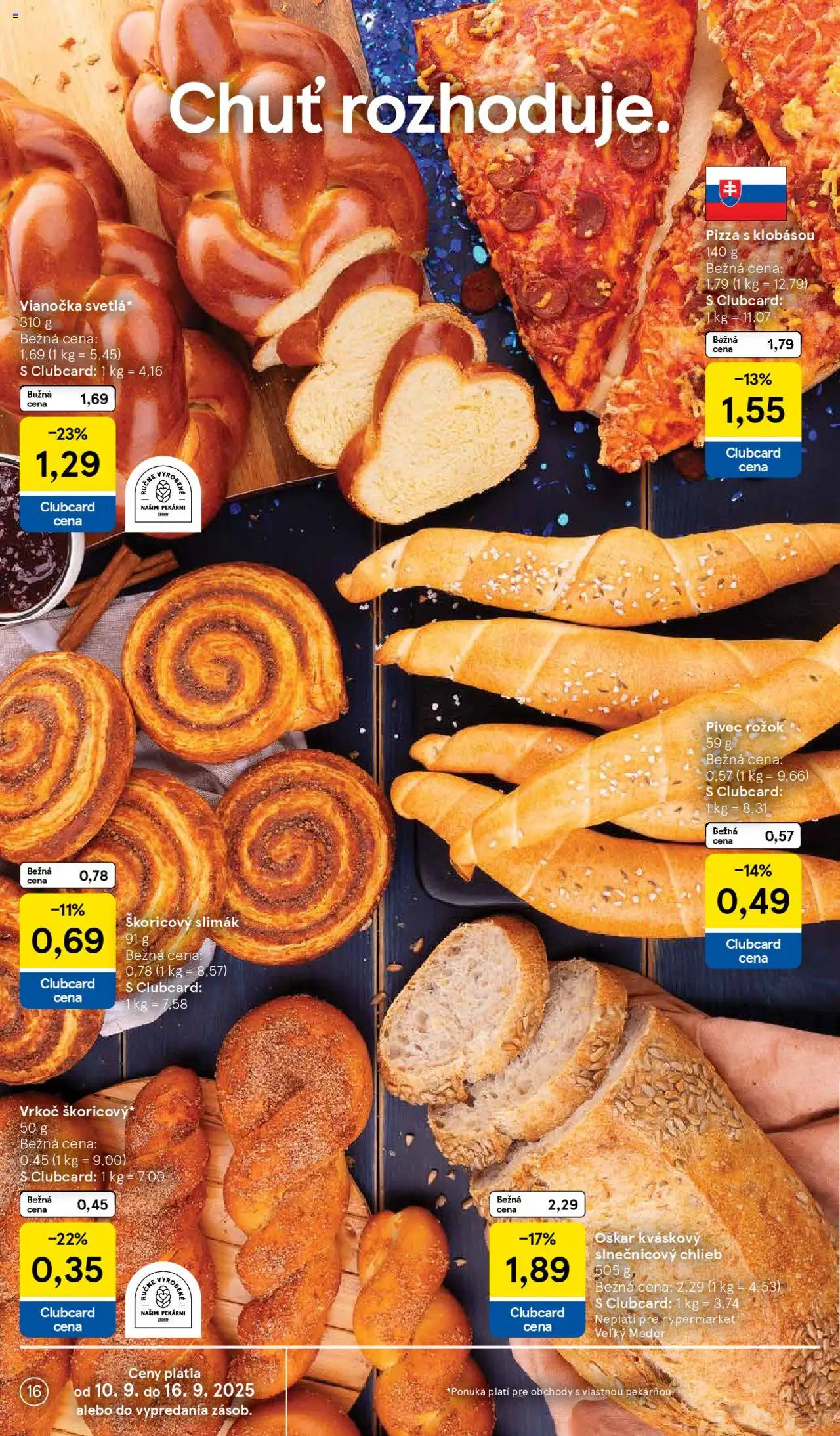 Nové Tesco akcie – leták je platný od 10.09.2025 | Strana: 16 | Produkty: Chlieb, Pizza, Rožok, Vianočka