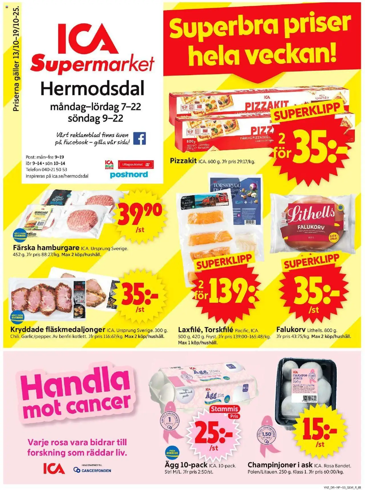 ICA Supermarket reklamblad aktuell från 13.10.2025 | Sida: 1 | Produkter: Galler, Ägg, Champinjoner, Tomatsås