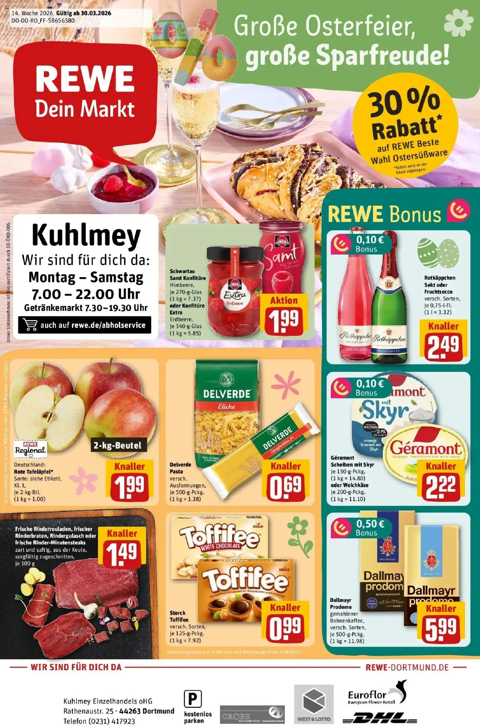 Rewe Prospekt Dortmund	 – gültig ab 30.03.2026 | Seite: 1 | Produkte: Geramont, Fruchtsecco, Pasta, Telefon