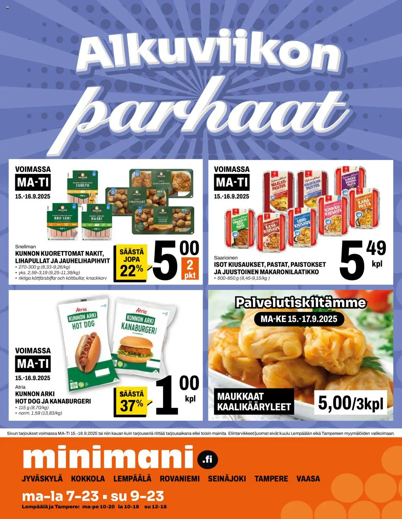 Minimani tarjoukset – voimassa 10.09.2025 alkaen | Sivu: 12 | Tuotteet: Lohi, Kana, Pasta, Hot dog