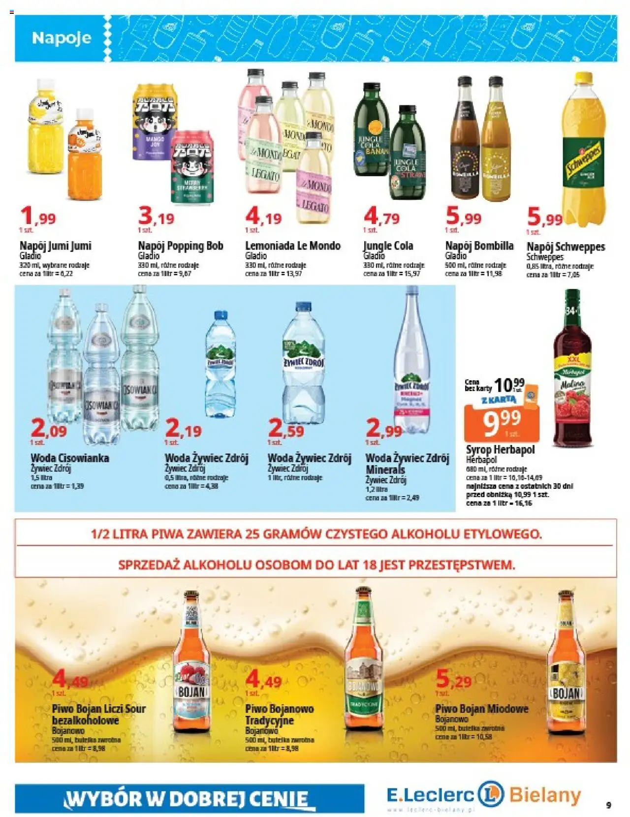 E.Leclerc Gazetka - Warszawa Bielany od 07.10.2025 | Strona: 9 | Produkty: Syrop, Woda żywiec, Piwo, Woda